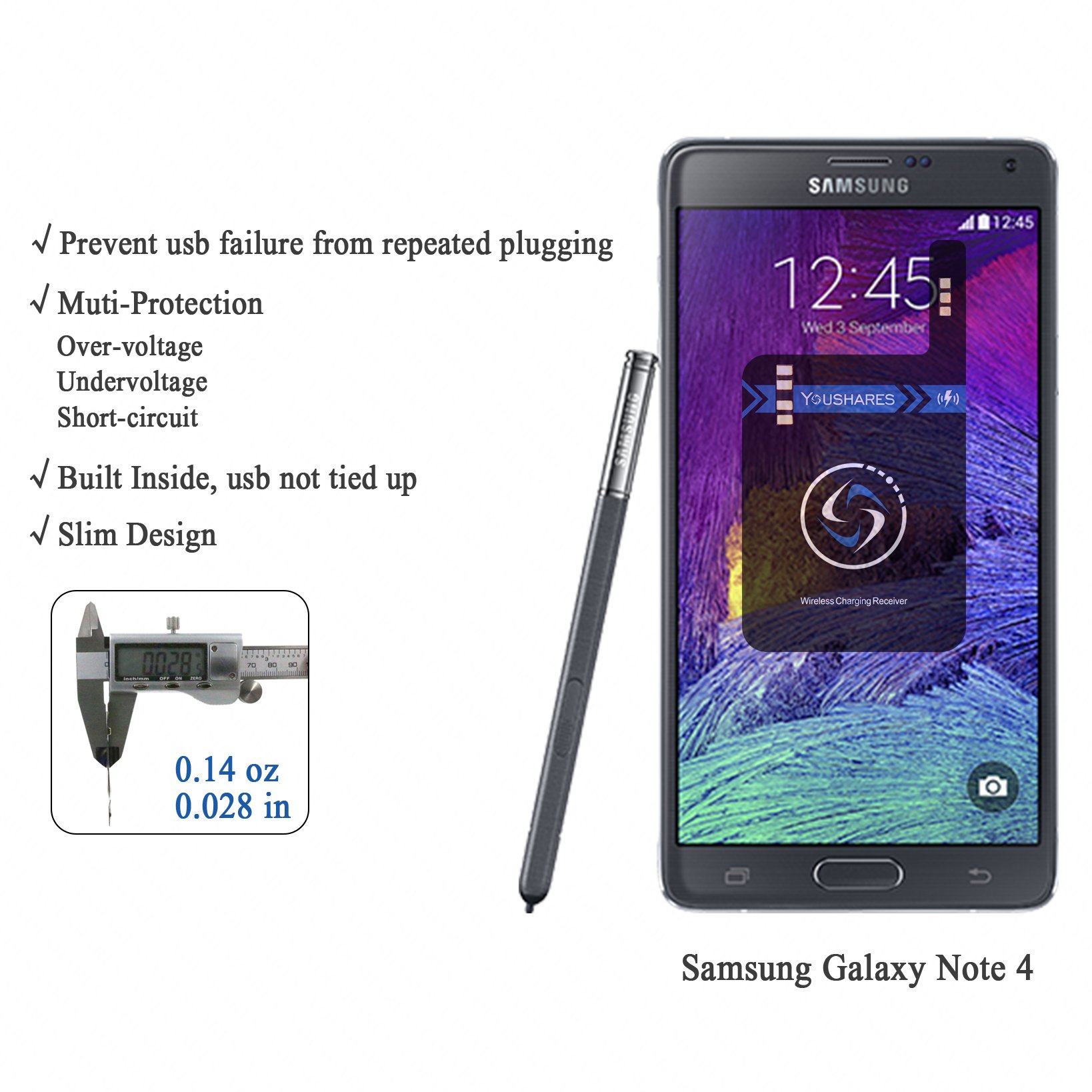YOUSHARES Qi Wireless Charging Receiver for Samsung Galaxy Note 4 - Built-in Module Card Enables Universal Wireless Charging | Perfect for Home, Office & Travel Use with Any Qi-Compatible Charger
