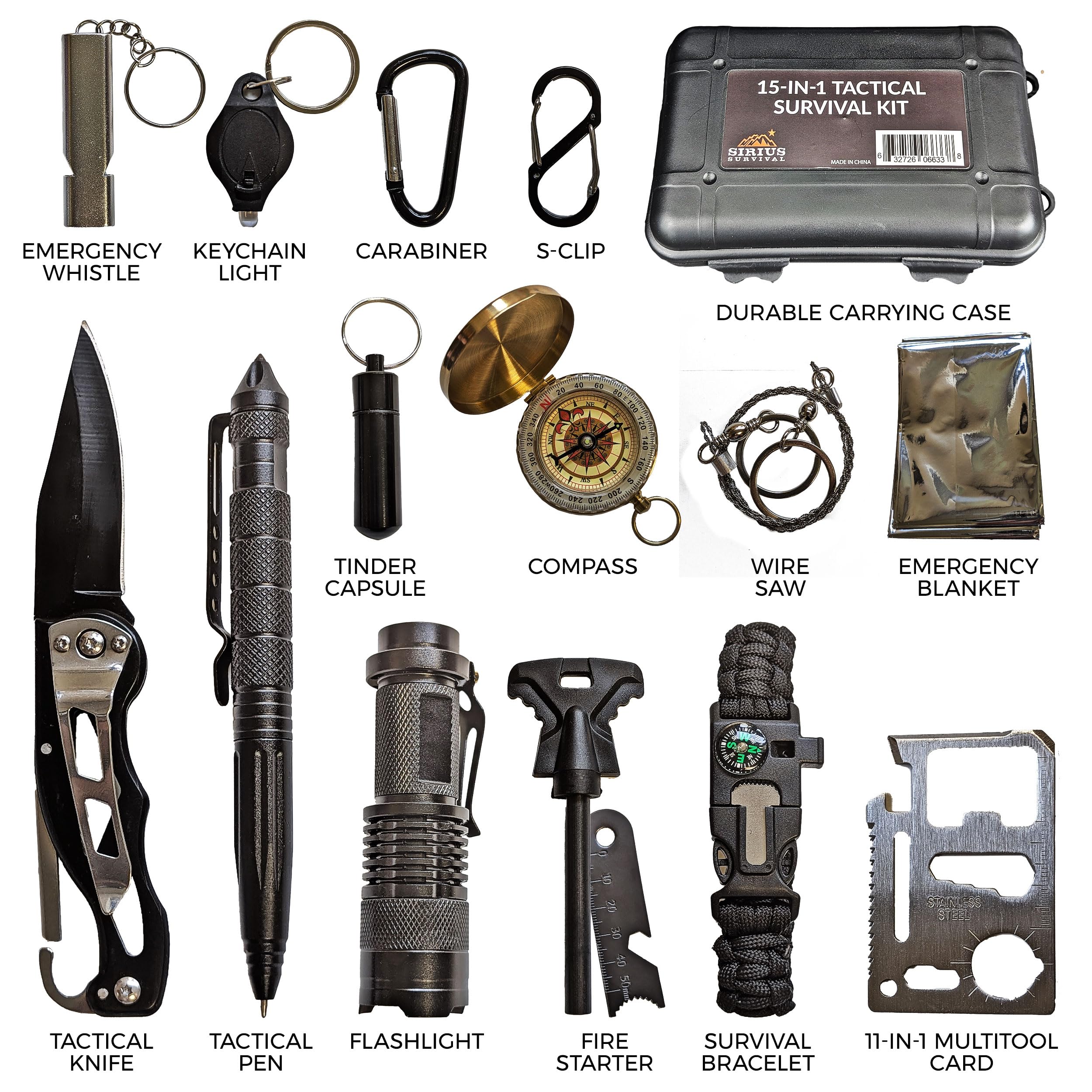 15-in-1 Tactical Survival Kit for Hiking, Camping & Climbing | Emergency Tools & Gear for Outdoor Adventures | Perfect for Wilderness Survival & Backpacking Trips