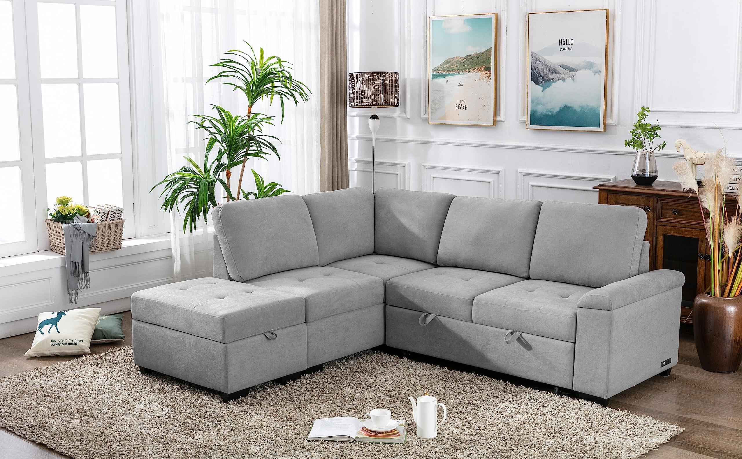 Modern Reversible Sleeper Sectional Sofa - L-Shaped Corner Couch Sofa Bed with Pull Out Bed, Storage Ottoman & Hidden Arm Storage for Living Room, Apartment, Office (Grey) | Perfect for Small Spaces, Guest Rooms & Multi-Functional Home Decor