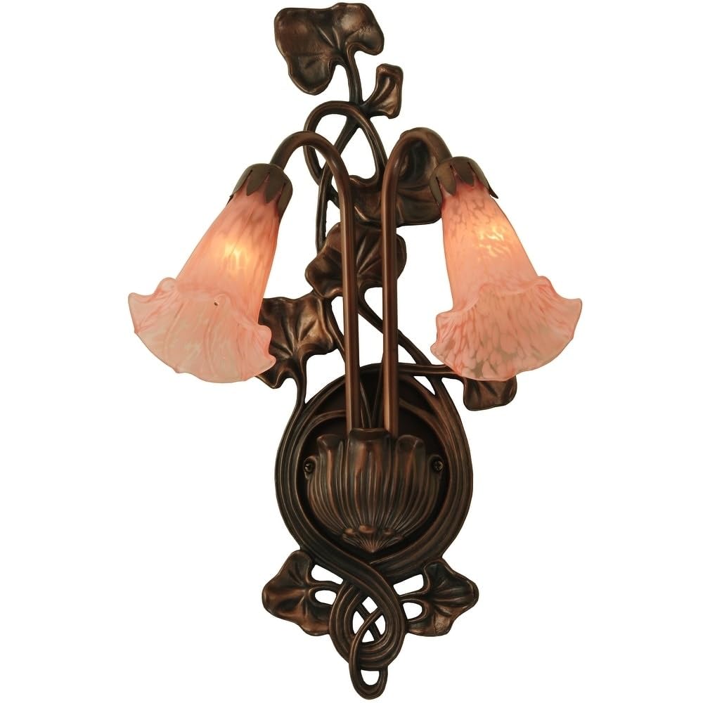 Meyda Tiffany 17552 Pond Lily 2-Light Wall Sconce - 11 Inch Wide Pink Stained Glass Floral Light Fixture for Bedroom, Living Room & Hallway Decor