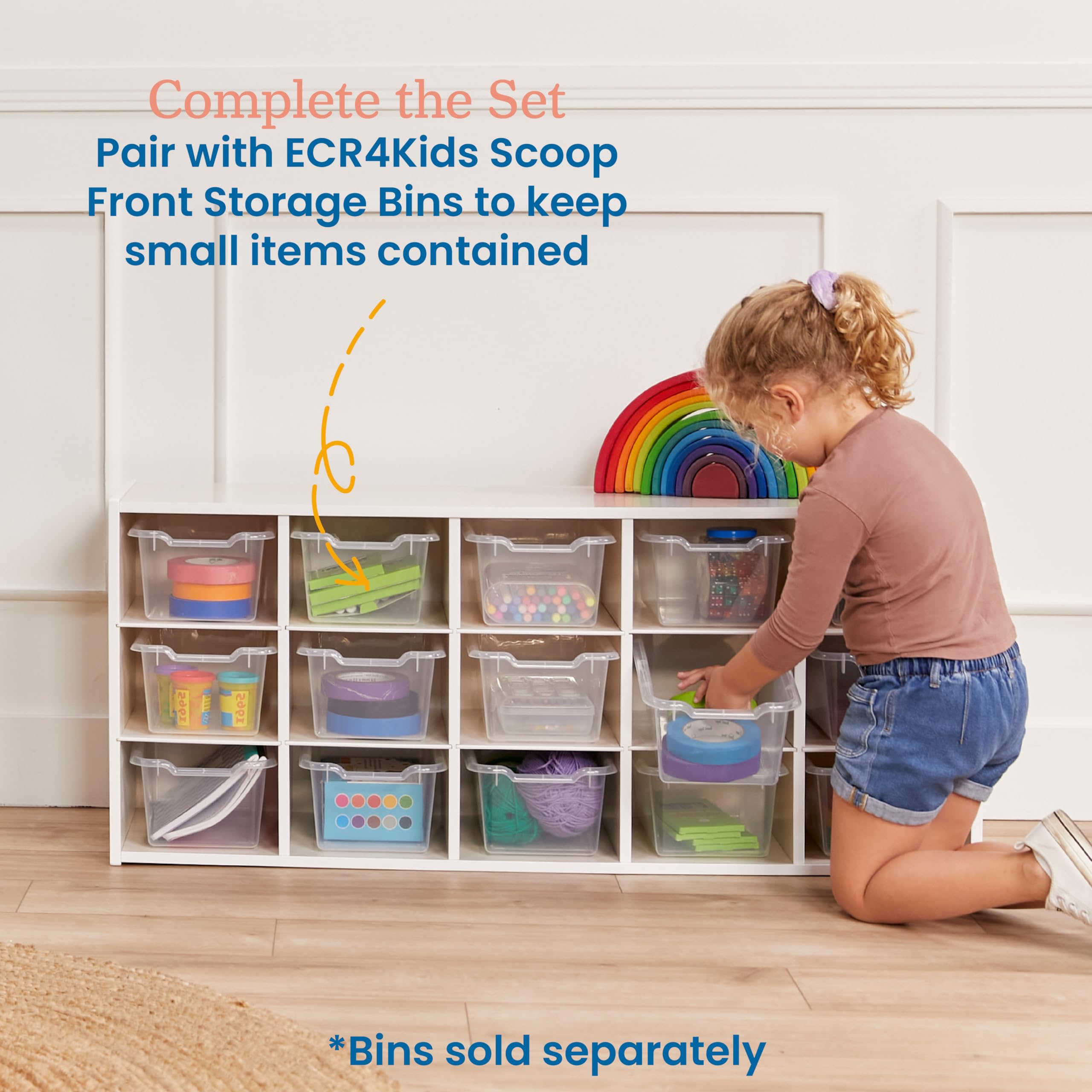ECR4Kids 15-Cubby Storage Cabinet with Trays, 3x5 Organizer for Classroom, School, or Home - White Wash Finish - Perfect for Toys, Books, and School Supplies Storage