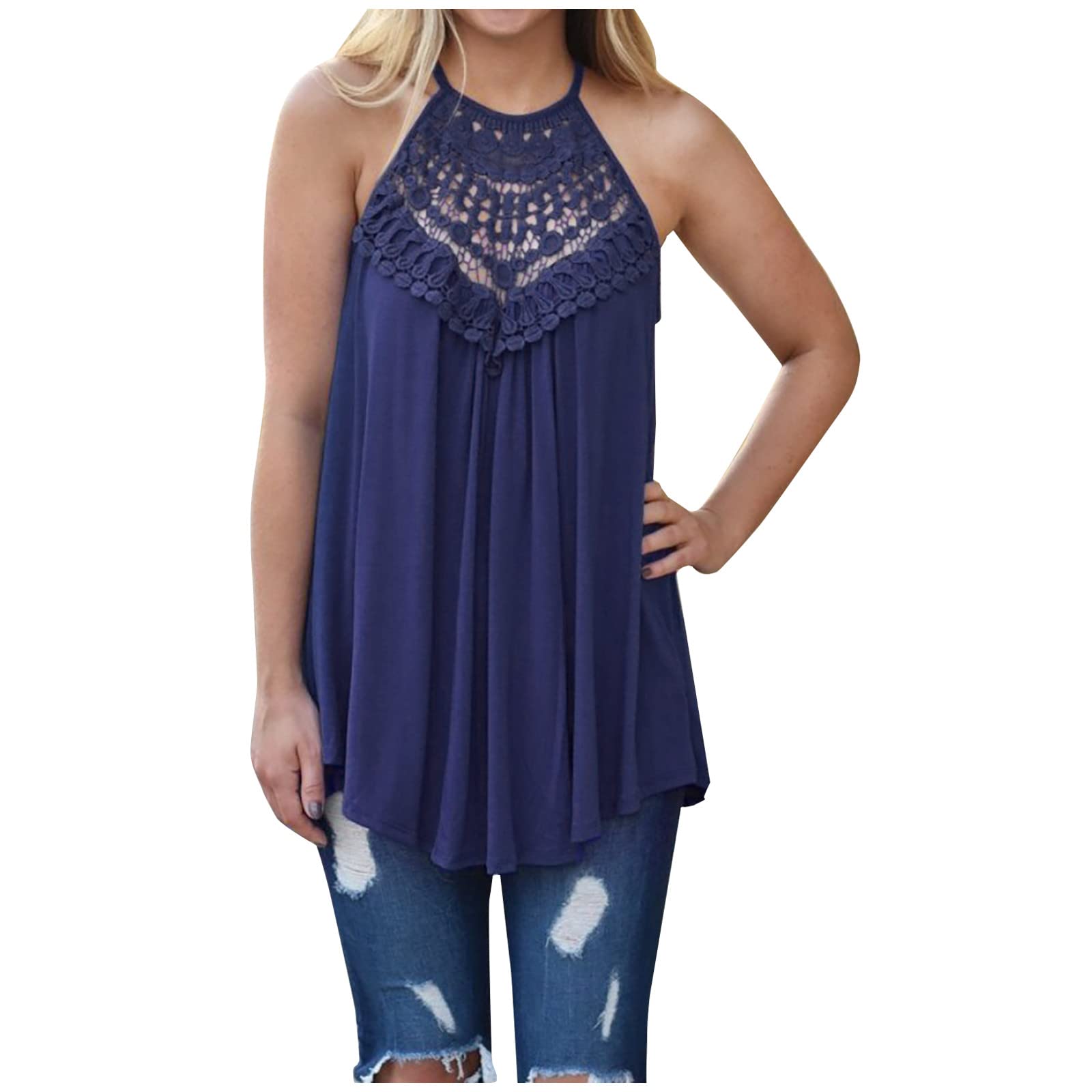 Women's Summer Halter Tank Tops - Sleeveless Sexy Lace Crochet Blouse, Racerback Loose Flowy Shirt for Casual Wear | Beach Vacation, Date Night, Summer Outfits