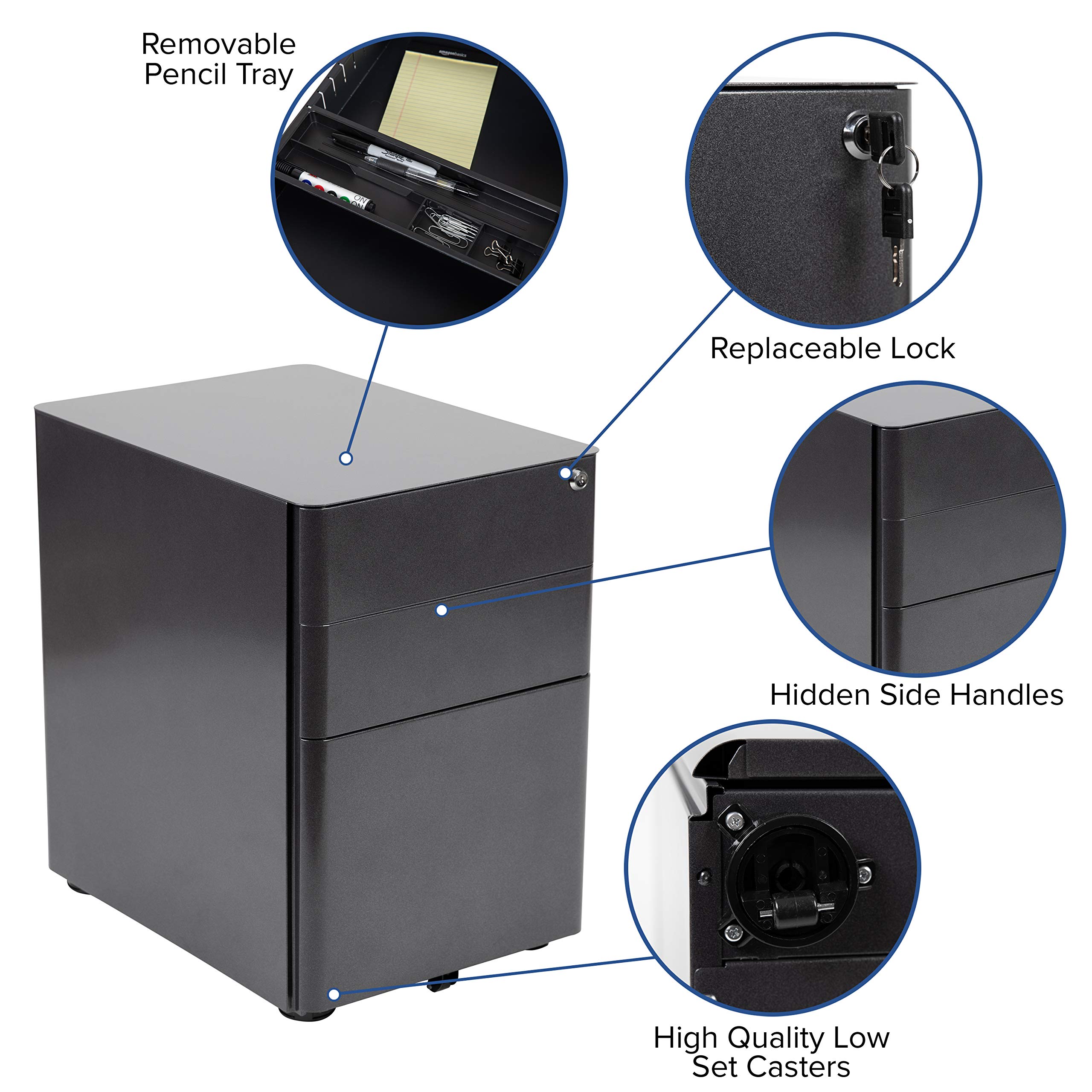 EMMA + OLIVER Modern 3-Drawer Mobile Locking Filing Cabinet - Black File Storage Organizer for Office, Home & School Use