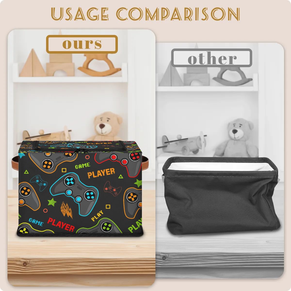 Game Themed Fabric Storage Bins with Zipper Lid - 2 Pack Stackable Cube Organizer Baskets for Clothes, Toys & Video Game Accessories - Steel Frame Design for Closet, Shelf & Bedroom Storage