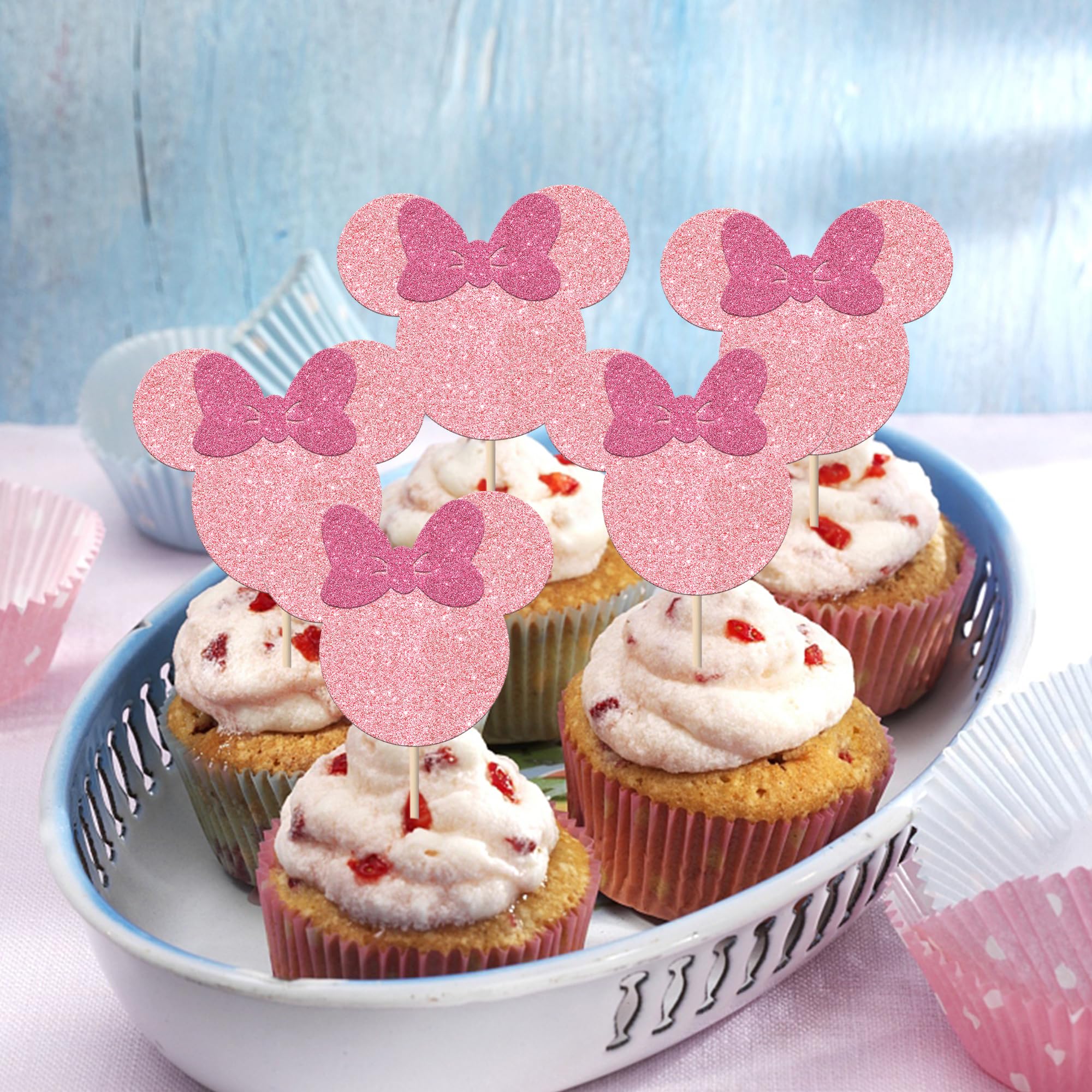 36 Pack Glitter Mouse Cupcake Toppers with Pink Bows - Baby Shower, Wedding & Kids Birthday Party Cake Decorations | Adorable Pink Mouse Picks for Dessert Table, Cupcake Display & Celebration Cakes