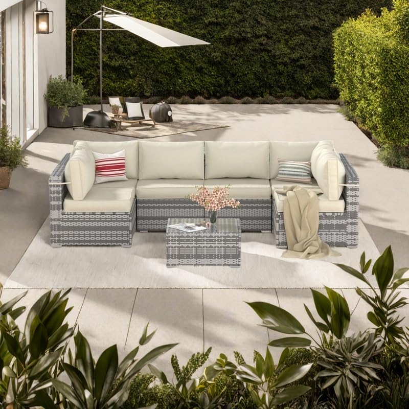 7-Piece Modular Outdoor Patio Furniture Set with Coffee Table - Waterproof Wicker Sectional Sofa Couch for Backyard, Balcony, Garden & Poolside Relaxation