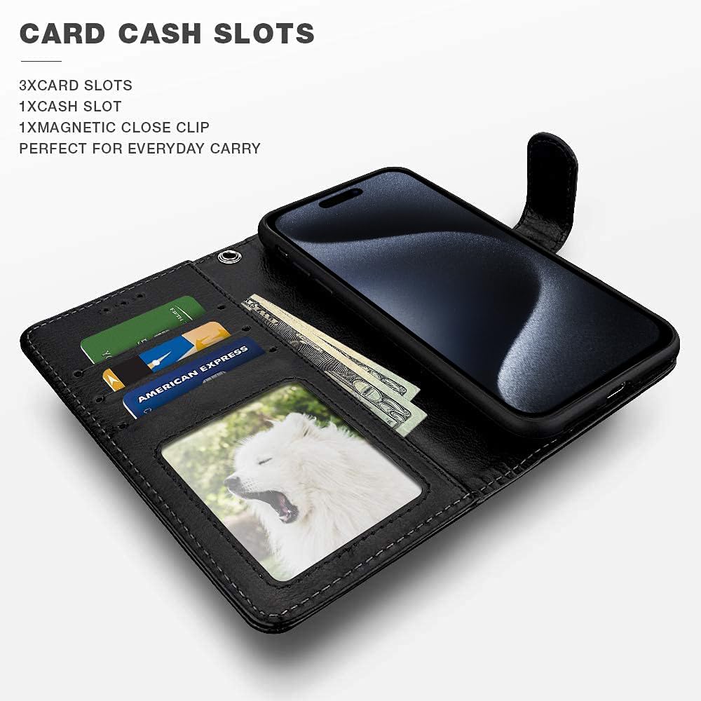 Premium Vegan Leather Magnetic Wallet Case for iPhone 15 Pro Max 6.7