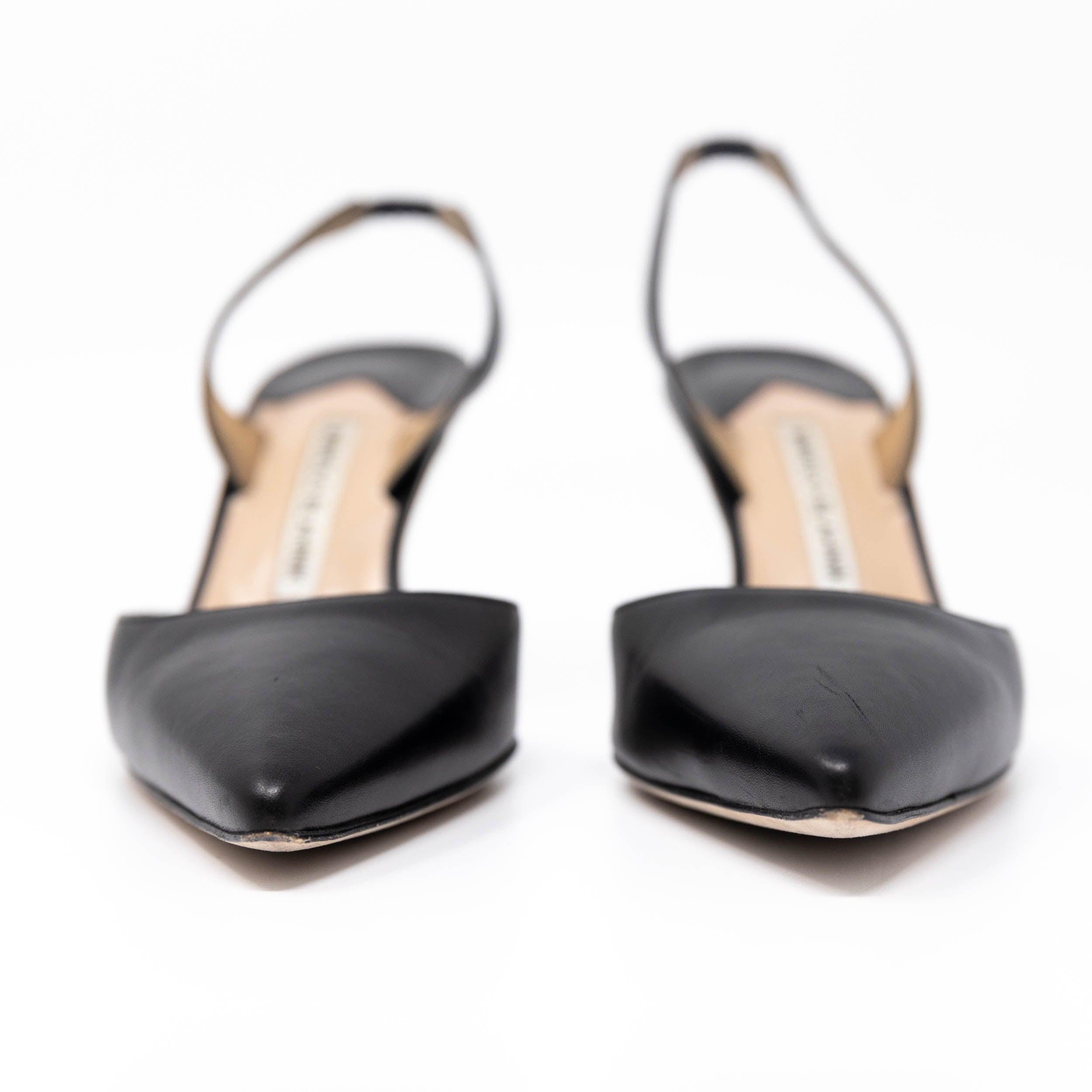 Manolo Blahnik Black Carolyne Slings Size 38 | Luxury Women's High Heel Sandals for Evening Parties & Weddings
