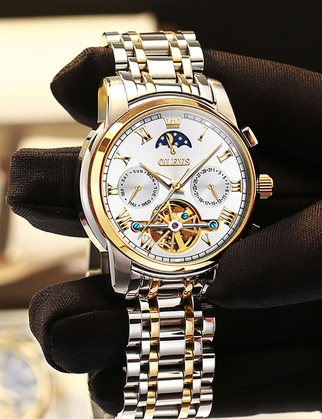 OLEVS Automatic Self-Winding Men's Watch with Date & Day Calendar, Stainless Steel Skeleton Tourbillon Watch - No Battery, Waterproof (30M) - Perfect for Business, Casual & Formal Occasions