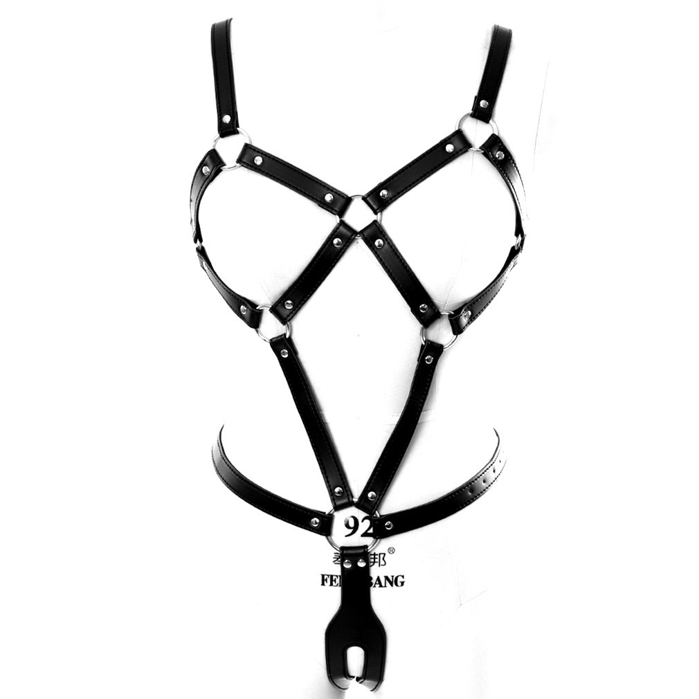 MAMOHSS Women's Faux Leather Lingerie Set - Full Body Chest Harness Teddy Bodysuit Black | Sexy BDSM Outfit for Role Play & Nightwear