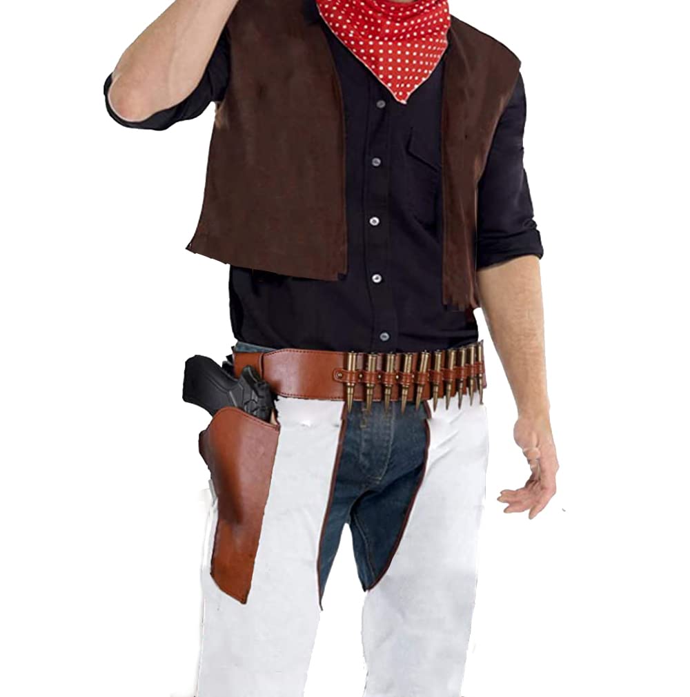 Vintage Cowboy Gun Belt and Holster Set - Real Leather Western Style Belt with Pistol Holster for Cowboy Costume, Cosplay, Halloween, and Wild West Themed Parties
