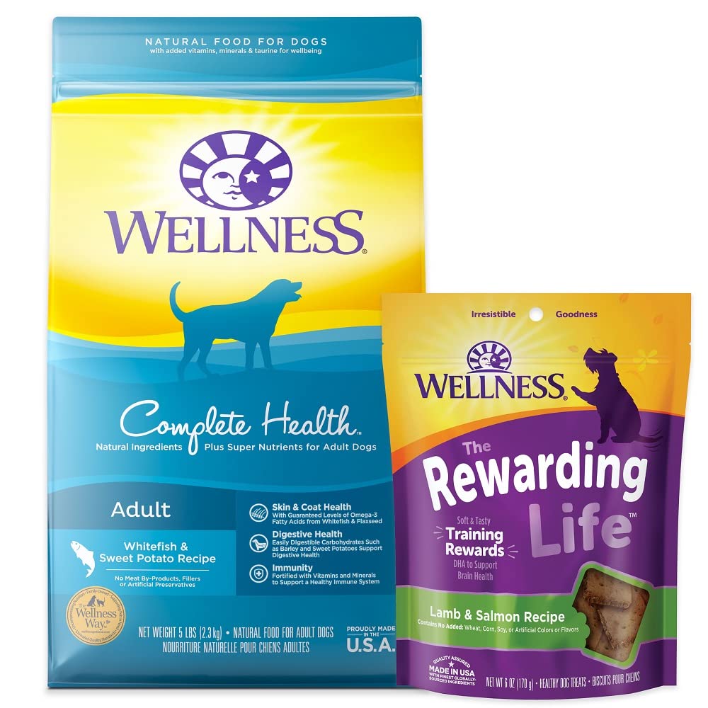 Premium Wellness Dog Food & Treats Bundle - Complete Health Dry Food (Whitefish, 5lb) + Rewarding Life Soft Treats (Lamb & Salmon) | High-Protein Nutrition for Adult Dogs | Perfect for Training, Rewards & Daily Meals