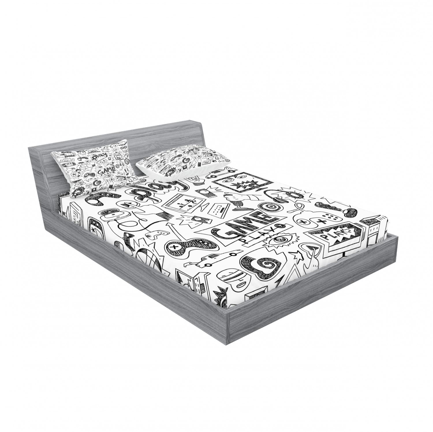 Ambesonne 2-Pack Video Game Themed Fitted Sheet & Pillow Sham Set - Sketch Style Gaming Bedding Decor (4-Piece Set with 2 Twin XL Fitted Sheets & 2 Pillow Covers) - Black & White Design for Gamer Bedroom & Dorm Room Decor