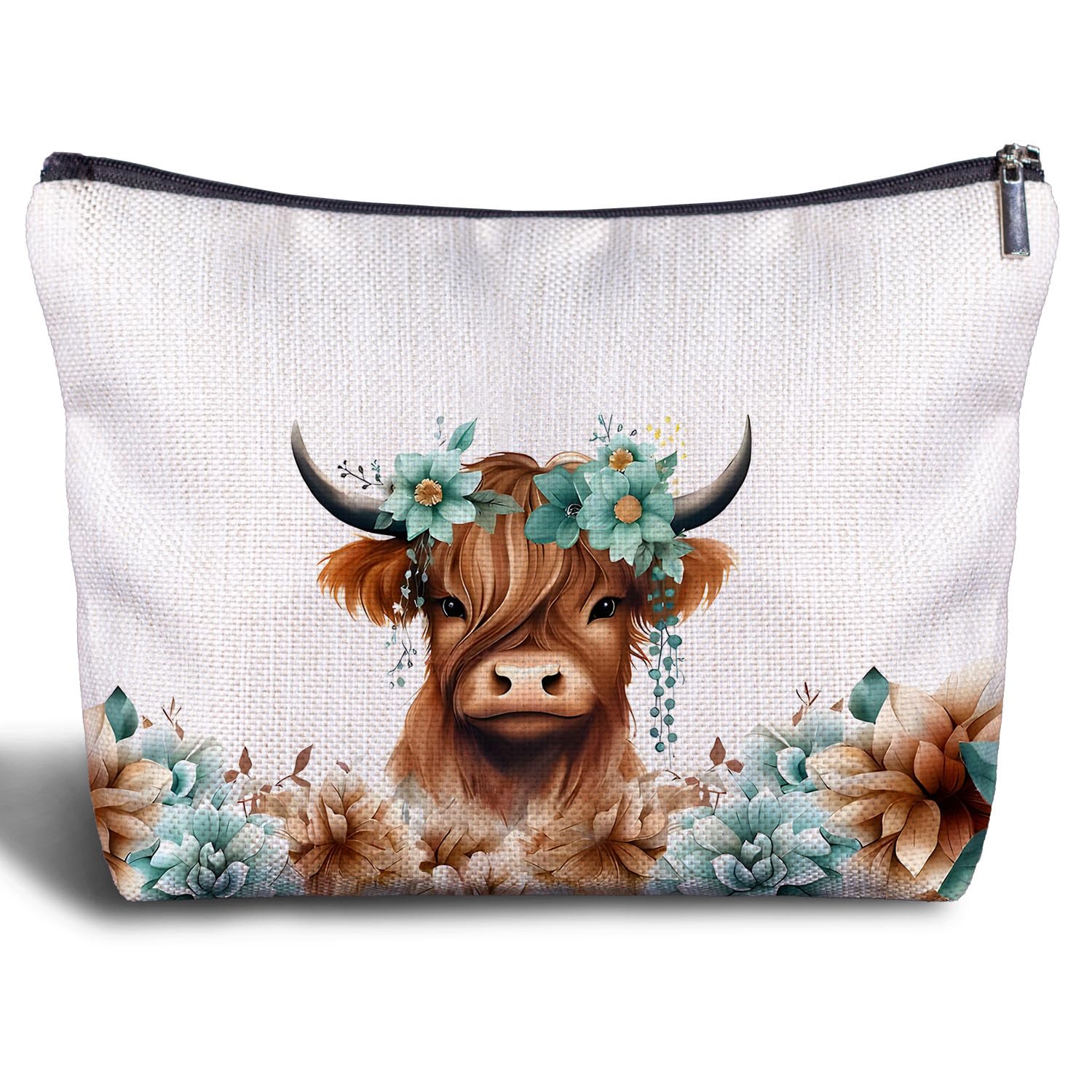 Highland Cow Makeup Bag with Summer Floral Design - Cute Cowgirl Cosmetic Pouch for Women, Zippered Travel Toiletry Bag - Perfect for Travel, Gifts & Daily Use
