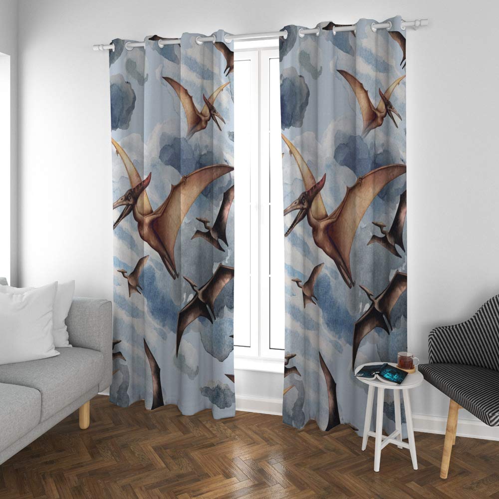 Kuizee Blackout Curtains 84×55 Inch - Sun Blocking Watercolor Pterodactyl Dinosaur Print Grommet Top Window Drapes for Living Room & Bedroom (2 Panels) | Thermal Insulated Noise Reducing for All Seasons | Perfect for Nursery, Home Theater & Light Sleepers