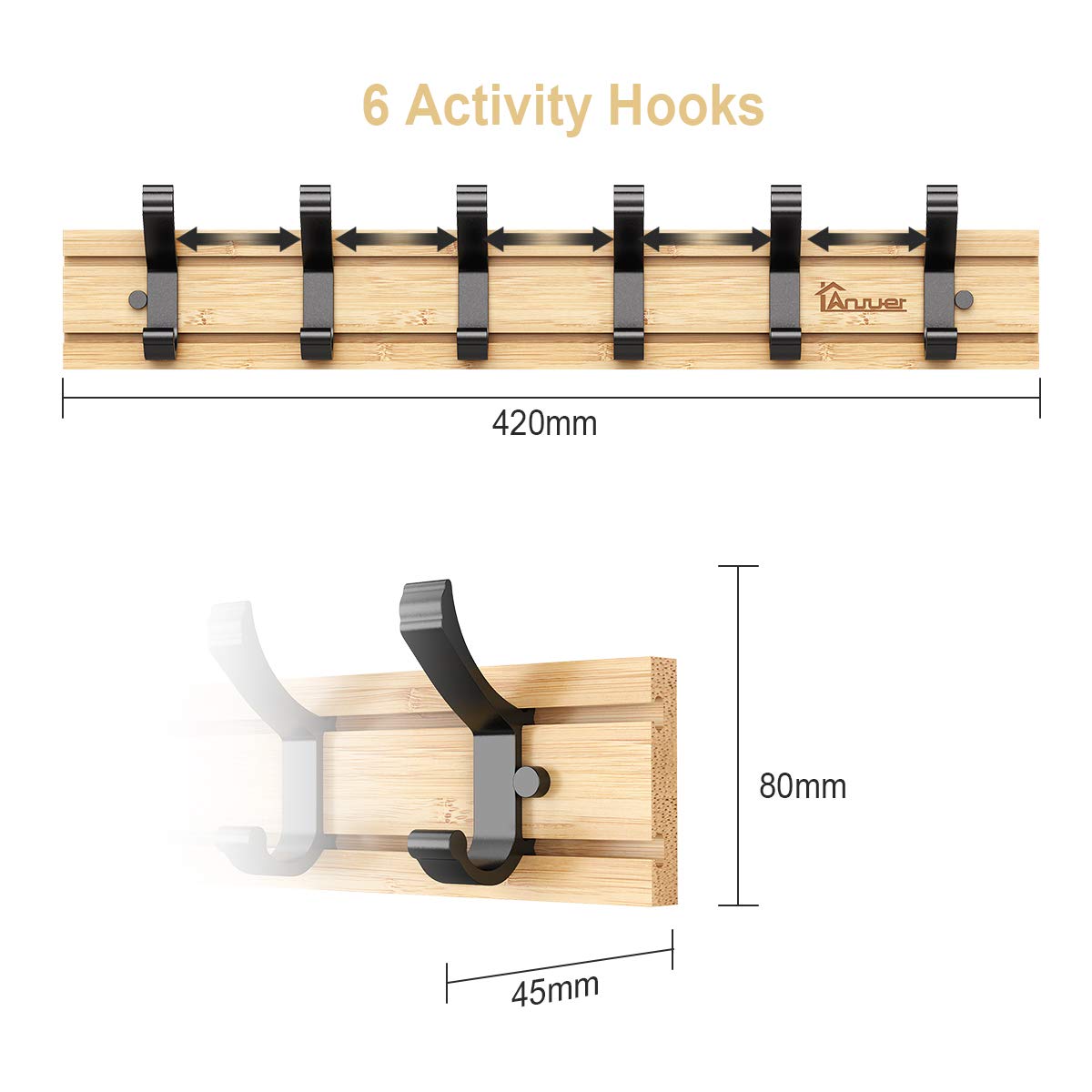 Heavy Duty Bamboo Coat Hanger with 6 Hooks - Durable Clothes & Hat Organizer for Closet, Bedroom, Laundry Room, and Entryway Storage