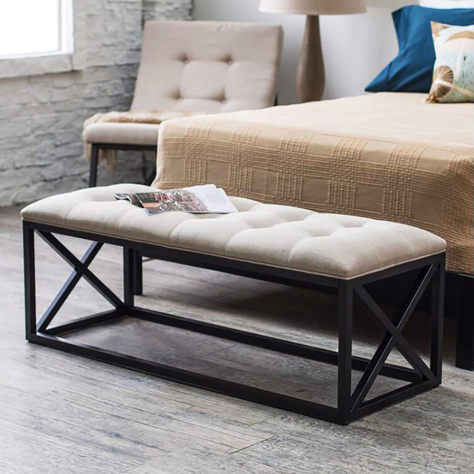 Modern Upholstered Storage Bench - Soft Linen Bedroom Bench, Entryway Shoe Bench, Dining Seat (60x35x45cm/24x14x18in) Ivory White - Perfect for Bedroom Footboard, Hallway Organization & Dining Room Seating