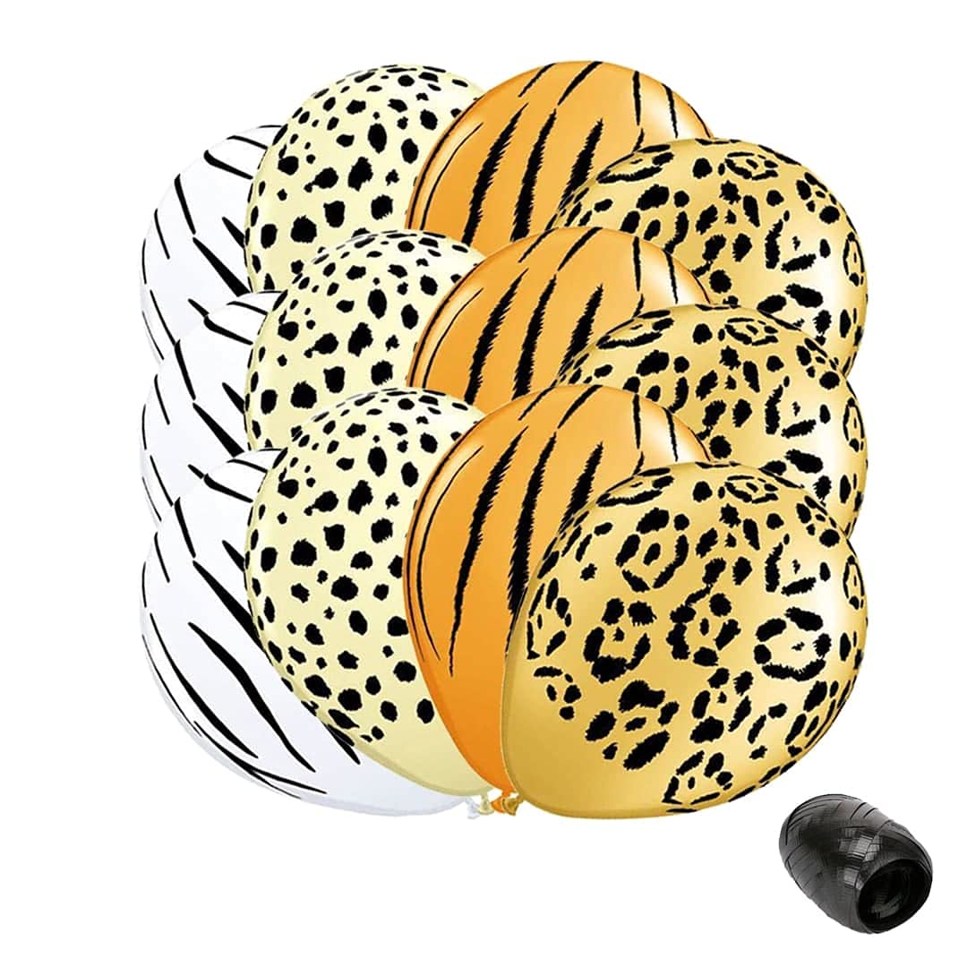 12PCS Jungle Animal Print Balloons - Safari & Zoo Themed Latex Balloons with Matching Ribbon for Birthday Party Decorations, Baby Shower, Jungle Theme Events (Zebra, Giraffe, Leopard Prints)