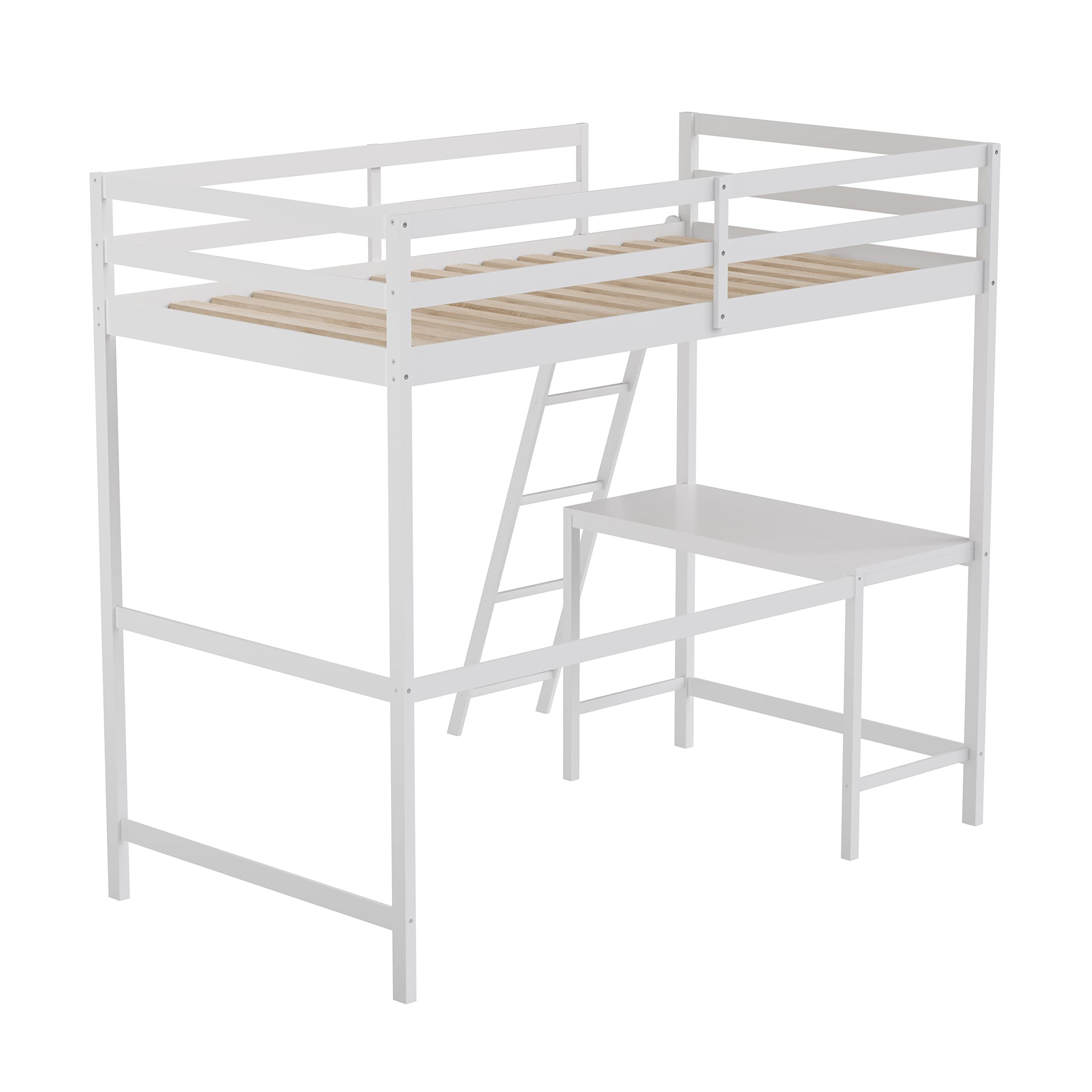 Emma & Oliver Ridley Twin Size Loft Bed with Built-in Desk - White Pine Wood Frame with Safety Guardrails - Fits 6-8