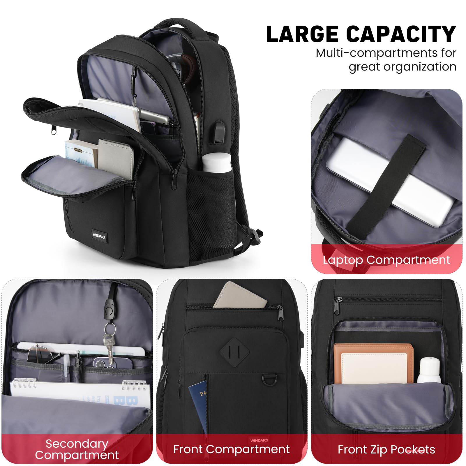 Durable Casual Backpack for Men & Women - Lightweight 15.6 Inch Laptop Backpack with USB Charging Port - Perfect for School, College, Work & Travel - Water Resistant Book Bag for Teens & Adults (Black)