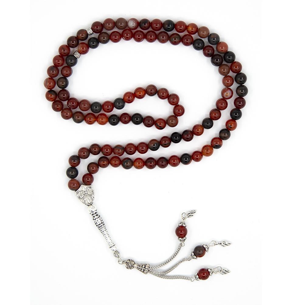 Islamic Tasbih Prayer Beads - 99 Count Multicolor Agate Stone Rosary (Brown/Red) for Muslim Worship, Meditation & Stress Relief