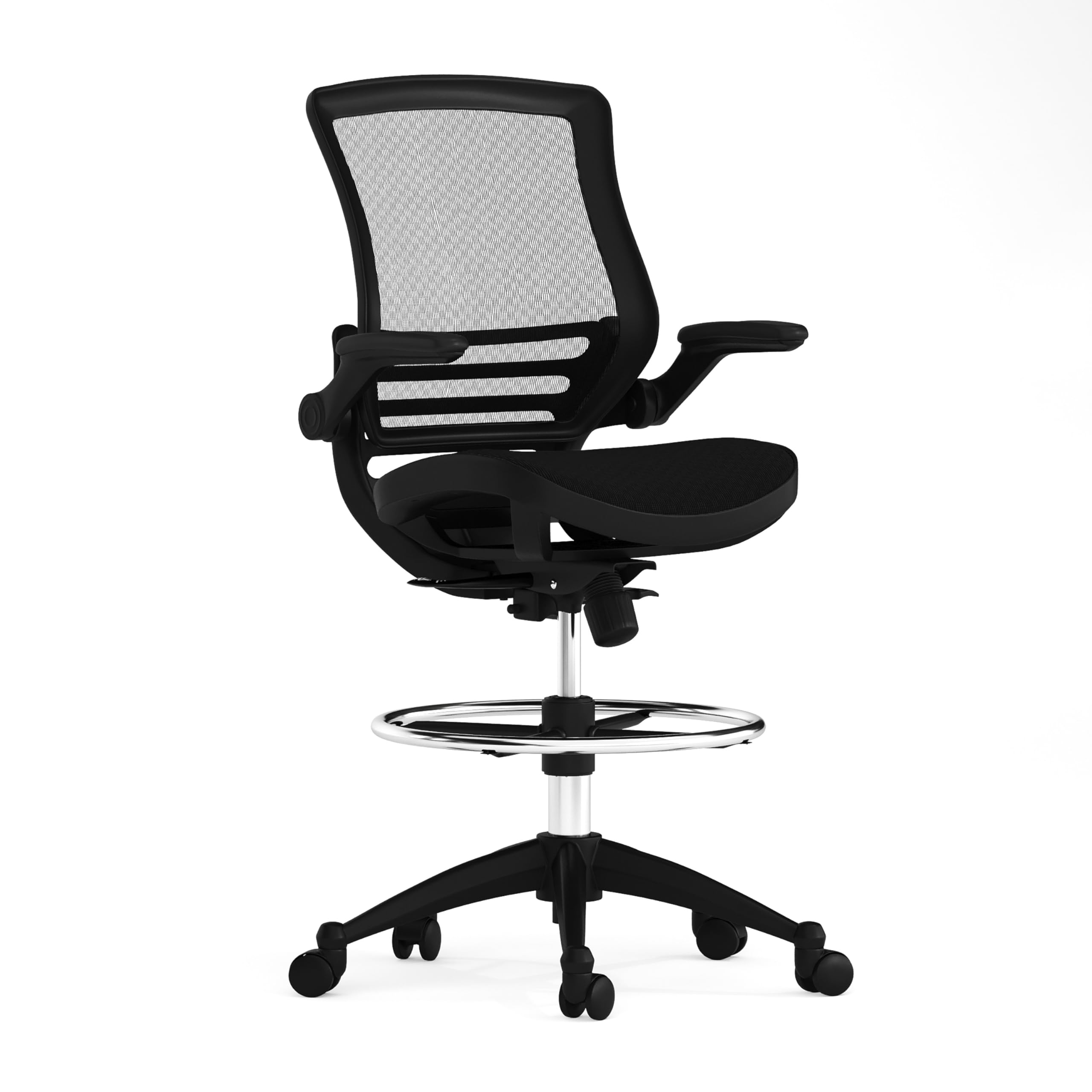 EMMA + OLIVER Black Mesh Drafting Chair with Flip-Up Arms - Ergonomic Mid-Back Office Chair for Architects & Designers - Perfect for Home Office, Studio, and Drafting Table Workspaces