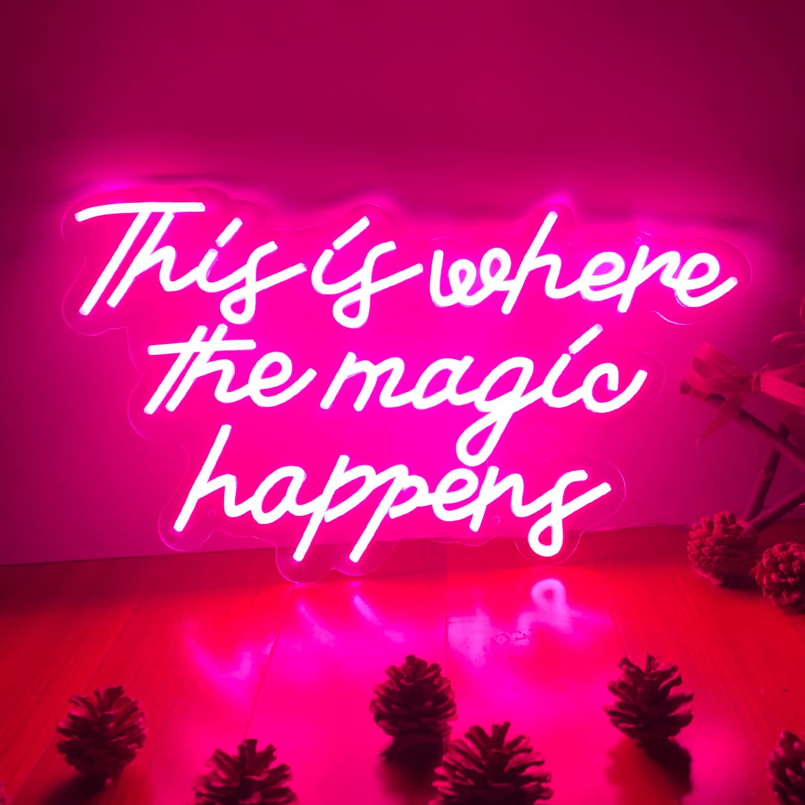 Custom LED Neon Sign - 'This is Where The Magic Happens' - 29 Inch Pink Wall Decor for Bedroom, Bar & Home - Personalized Birthday, Wedding & Christmas Gift - Perfect for Parties & Romantic Ambiance