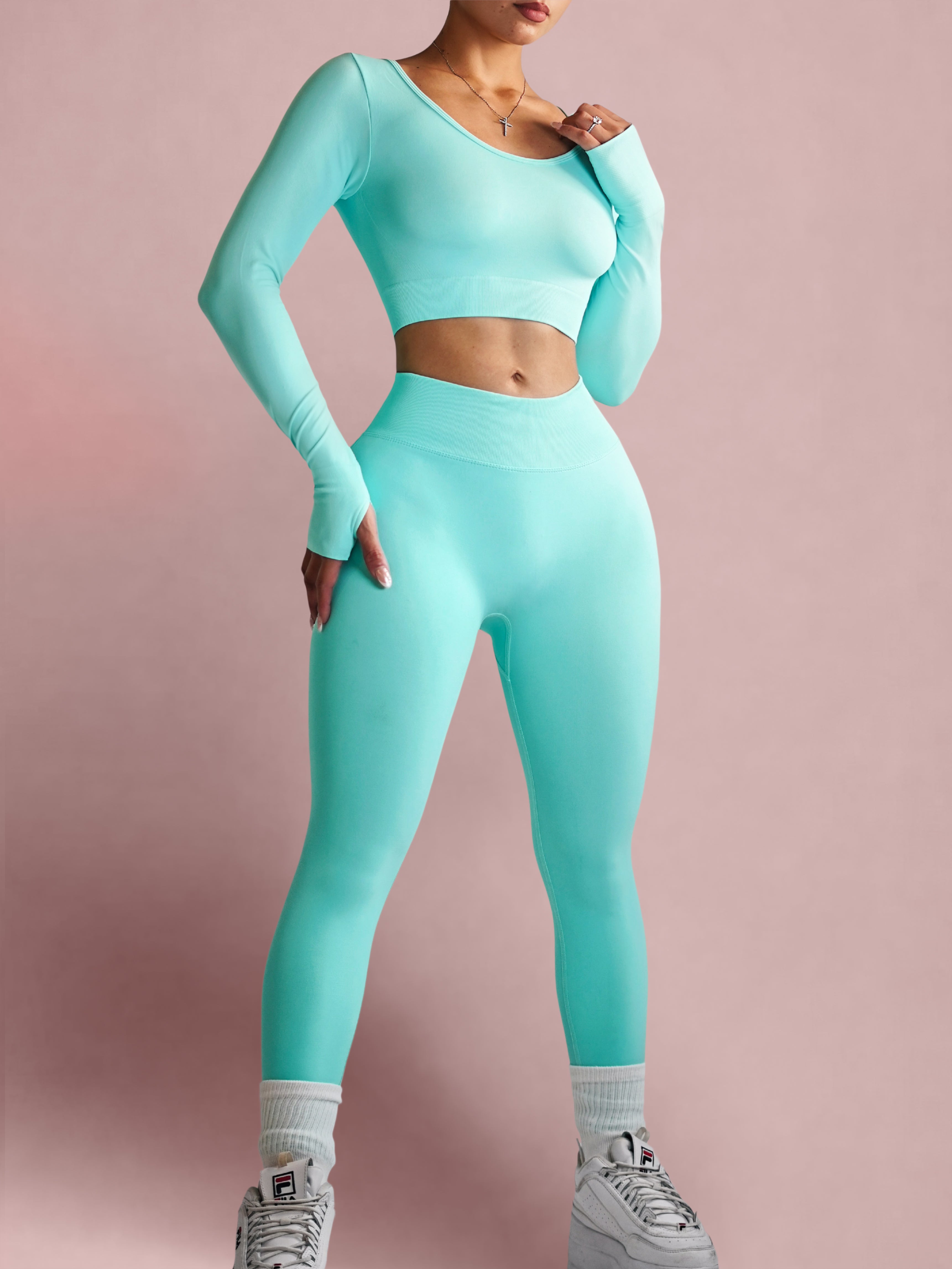 Seamless Breathable Leggings for Women - High Waisted Yoga Pants with 4-Way Stretch (Cyan Skies) - Perfect for Yoga, Gym, Running & Everyday Wear