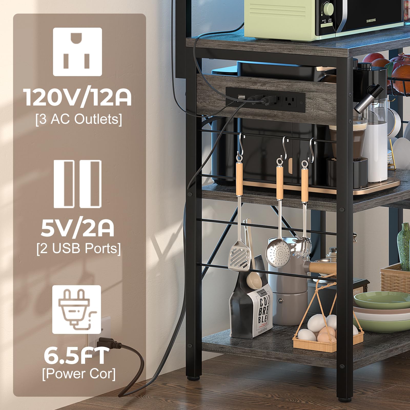 Aheaplus 3-Tier Bakers Rack with Power Outlet & LED Lights - Kitchen Storage Shelf with Microwave Stand, Wire Baskets & 10 Hooks for Spices, Pots - Coffee Bar Station Island Table in Black Oak - Perfect for Small Kitchens, Pantry Organization & Coffee Station Setup