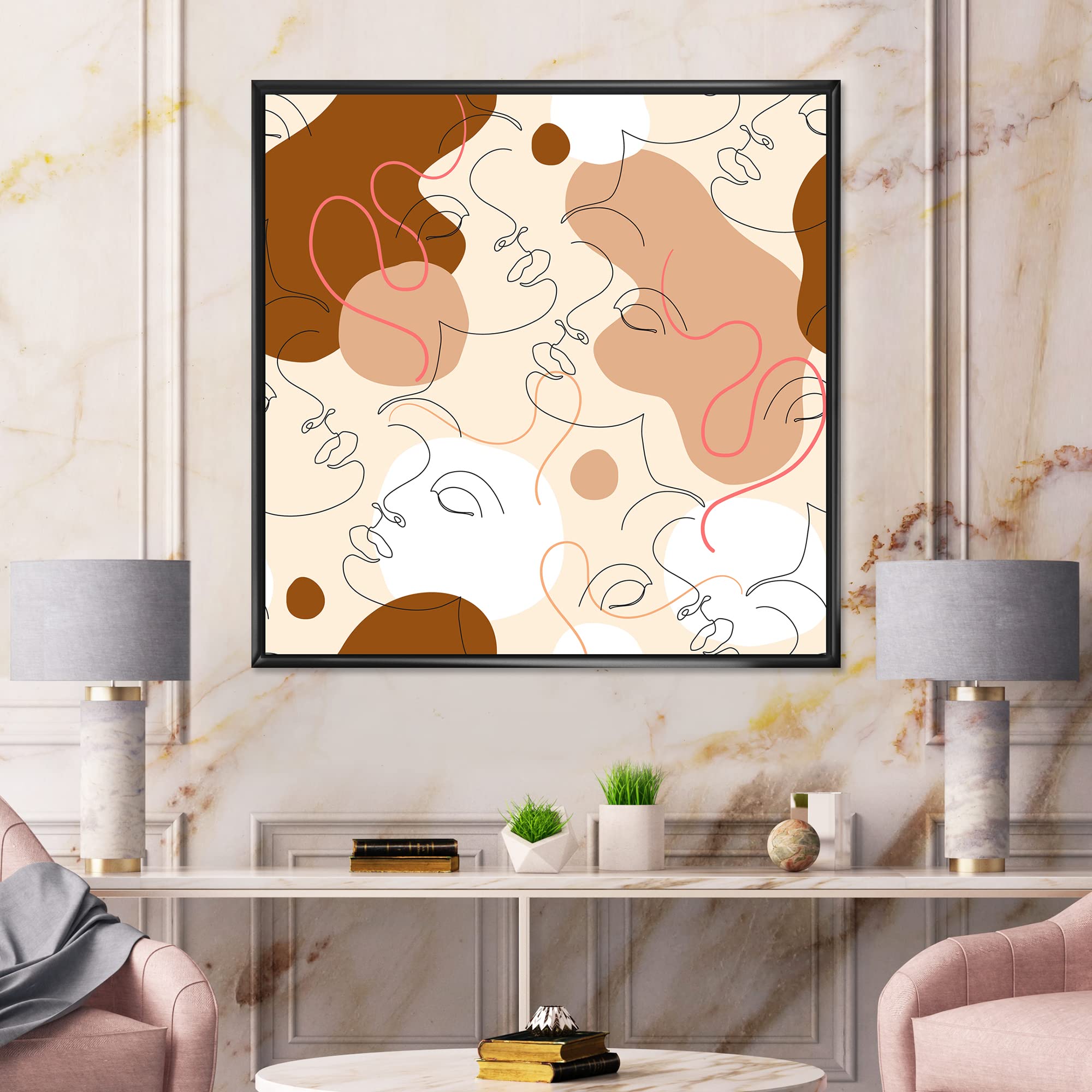 DesignQ Minimalist One Line Drawing of Beautiful Woman - Modern Framed Canvas Wall Art Print for Living Room, Bedroom & Office Decor