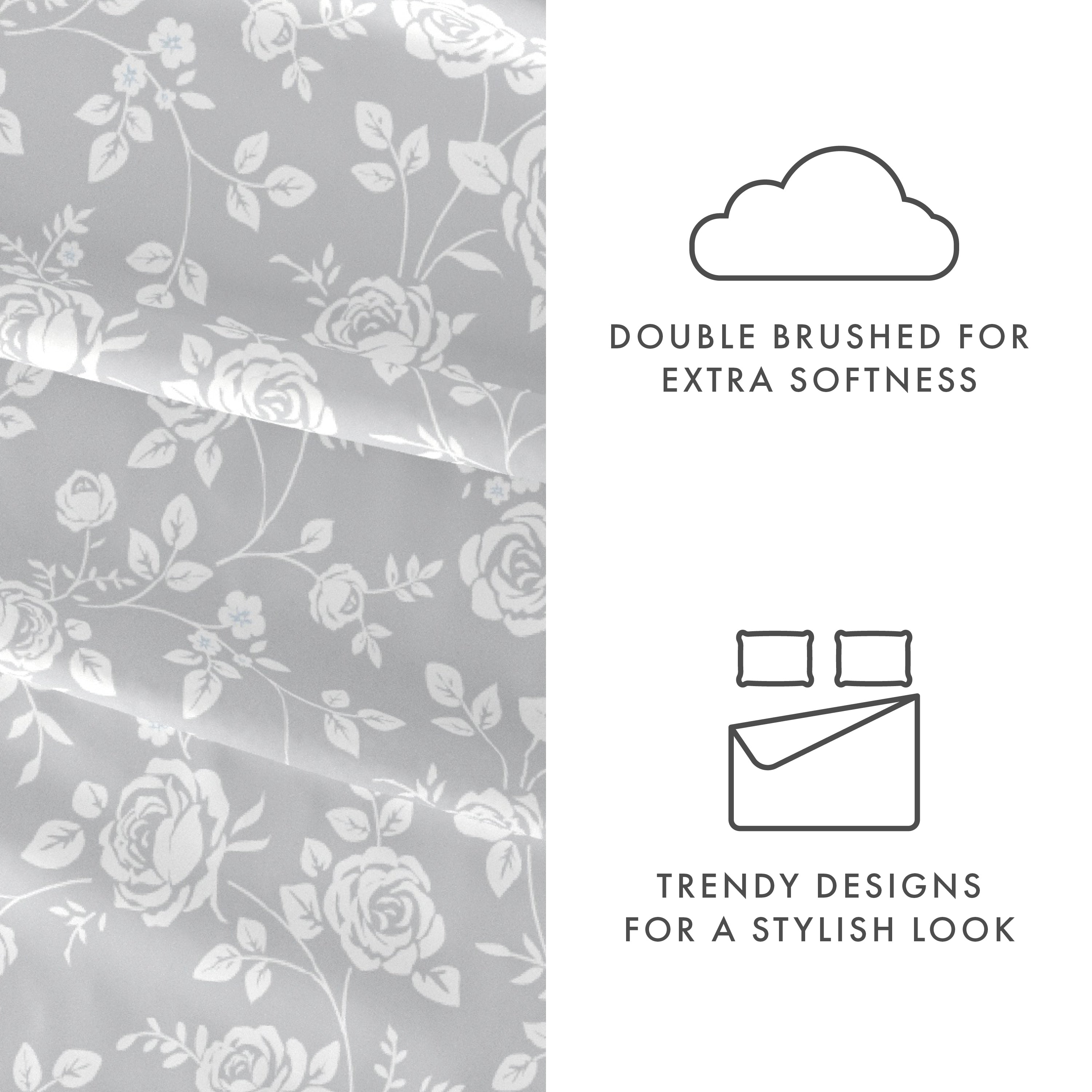 Rose Gray Pattern 4 Piece Sheet Set - Queen Size Soft Bed Sheets for Cozy Sleep - Perfect for Master Bedroom, Guest Room & Dorm Decor
