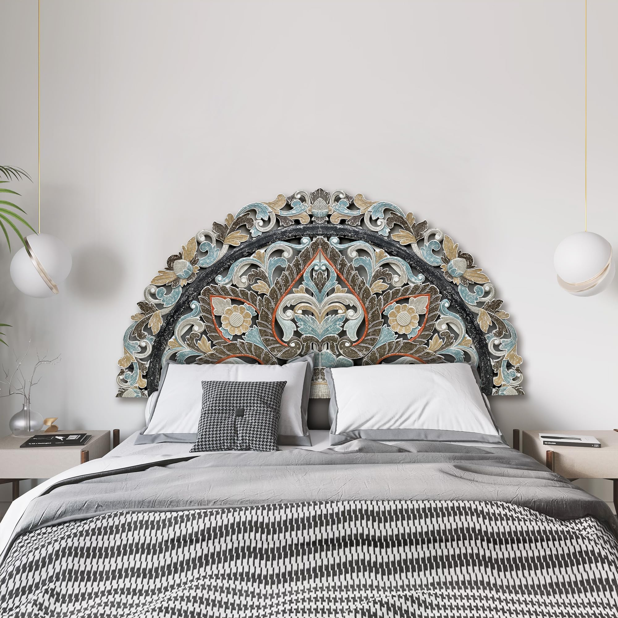 Half Moon Wood Headboard - Hand Carved Full Size Bed Headboard Panel for Queen & King Beds - Rustic Wooden Wall Mount Headboard - Perfect for Bedroom, Guest Room & Farmhouse Decor (Ayunina)