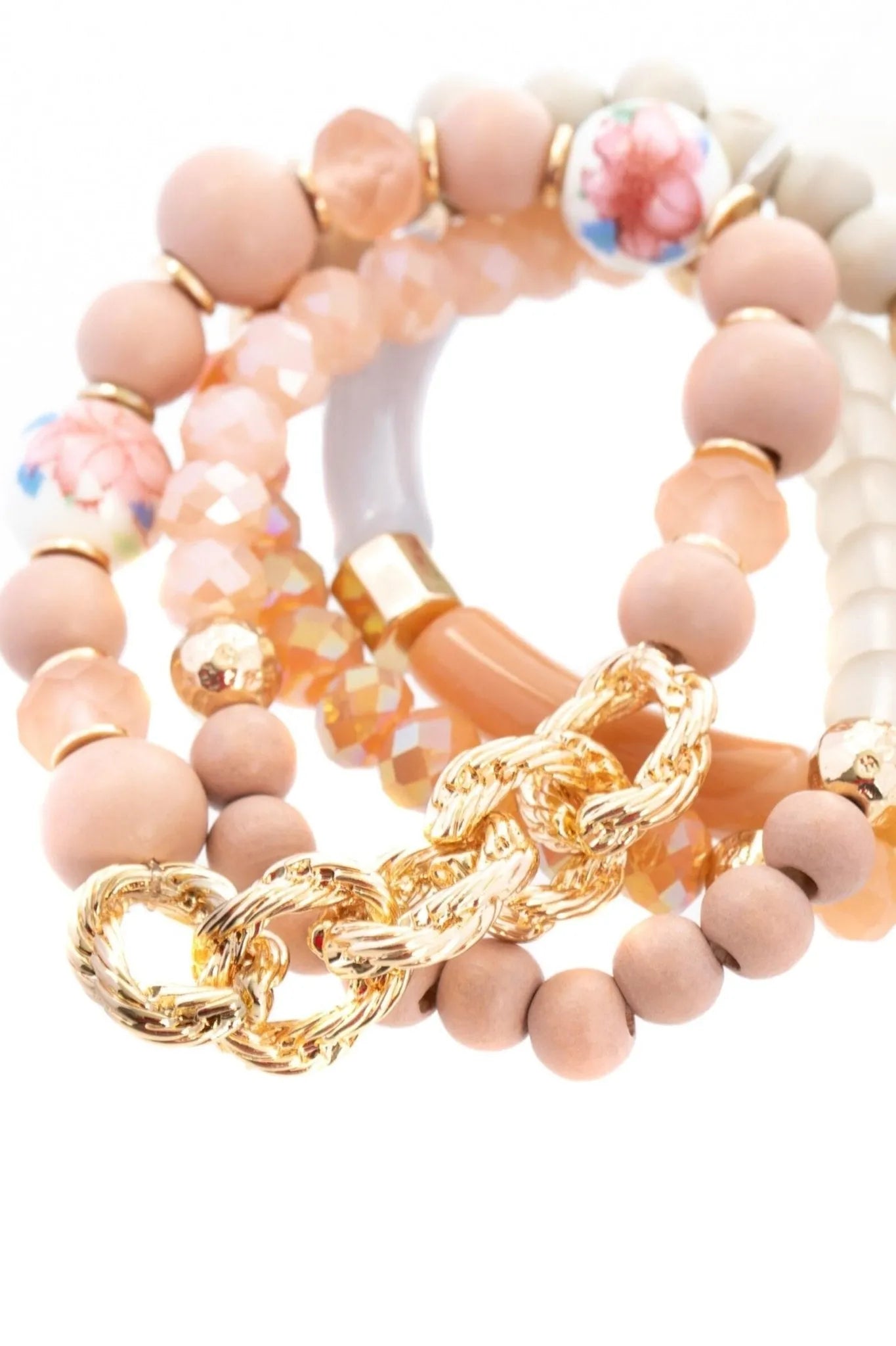 Beaded Wood Chain Link Bracelet Set for Women - Natural Wooden Bead Bracelets with Adjustable Chain - Boho Chic Jewelry for Casual Wear, Parties & Gifts