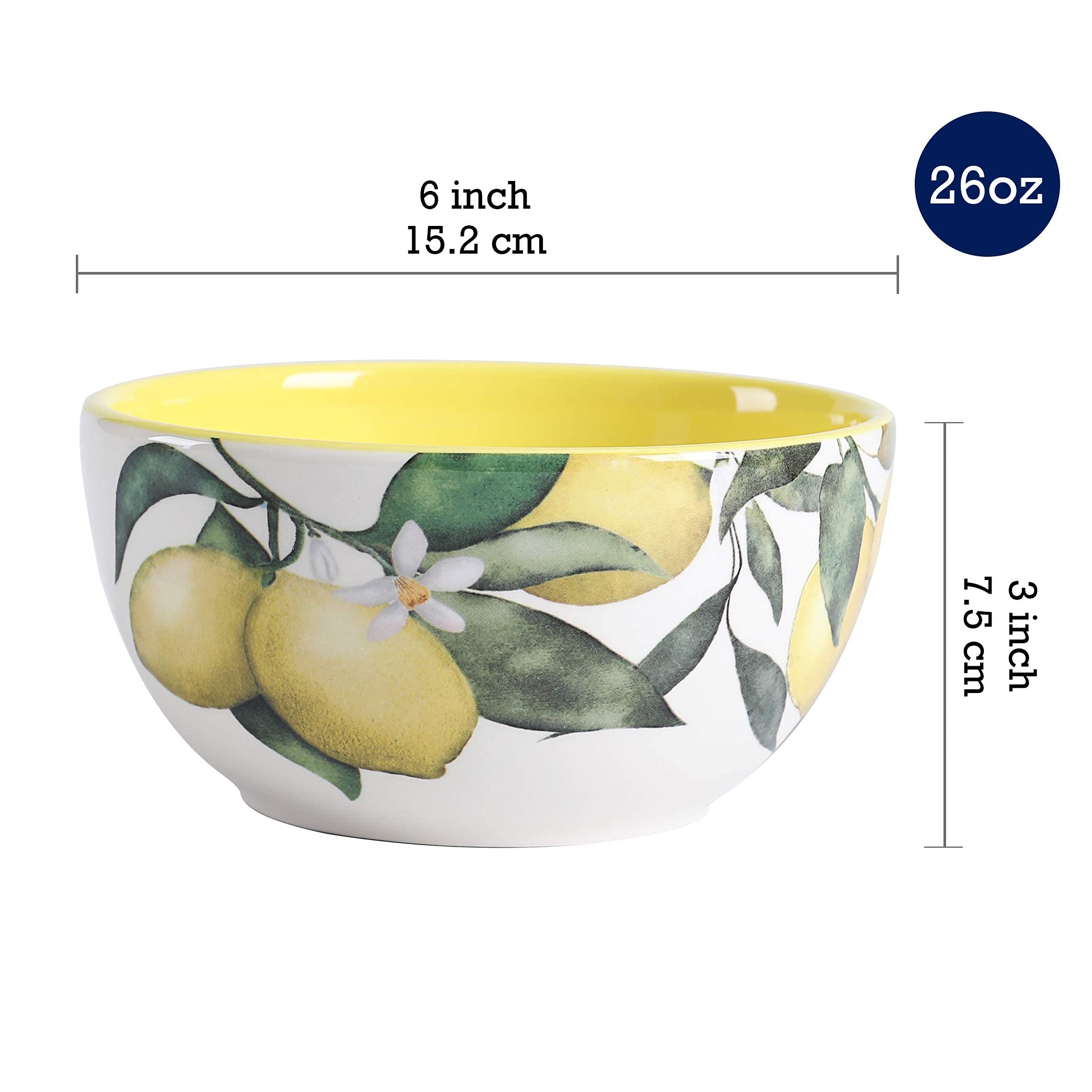 Bico Lemon Dreams Ceramic 12-Piece Dinnerware Set - Service for 4 with 11-Inch Dinner Plates, 8.75-Inch Salad Plates & 26-Oz Cereal Bowls - Microwave & Dishwasher Safe - Perfect for Parties, Family Dinners & Everyday Use