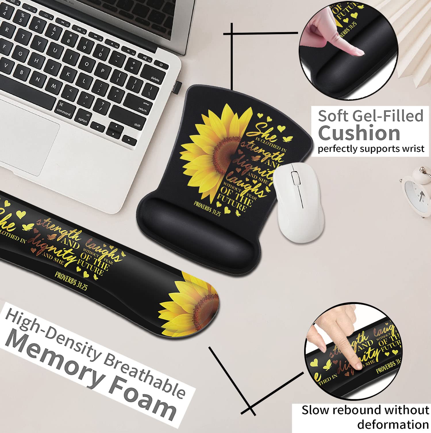 Ergonomic Memory Foam Mouse Pad & Keyboard Wrist Rest Set - Comfortable Support for Office, Home, Gaming & Laptop Use - Sunflower Christian Bible Verse Design (Black) - Perfect for Long Work Hours & PC Gaming Sessions