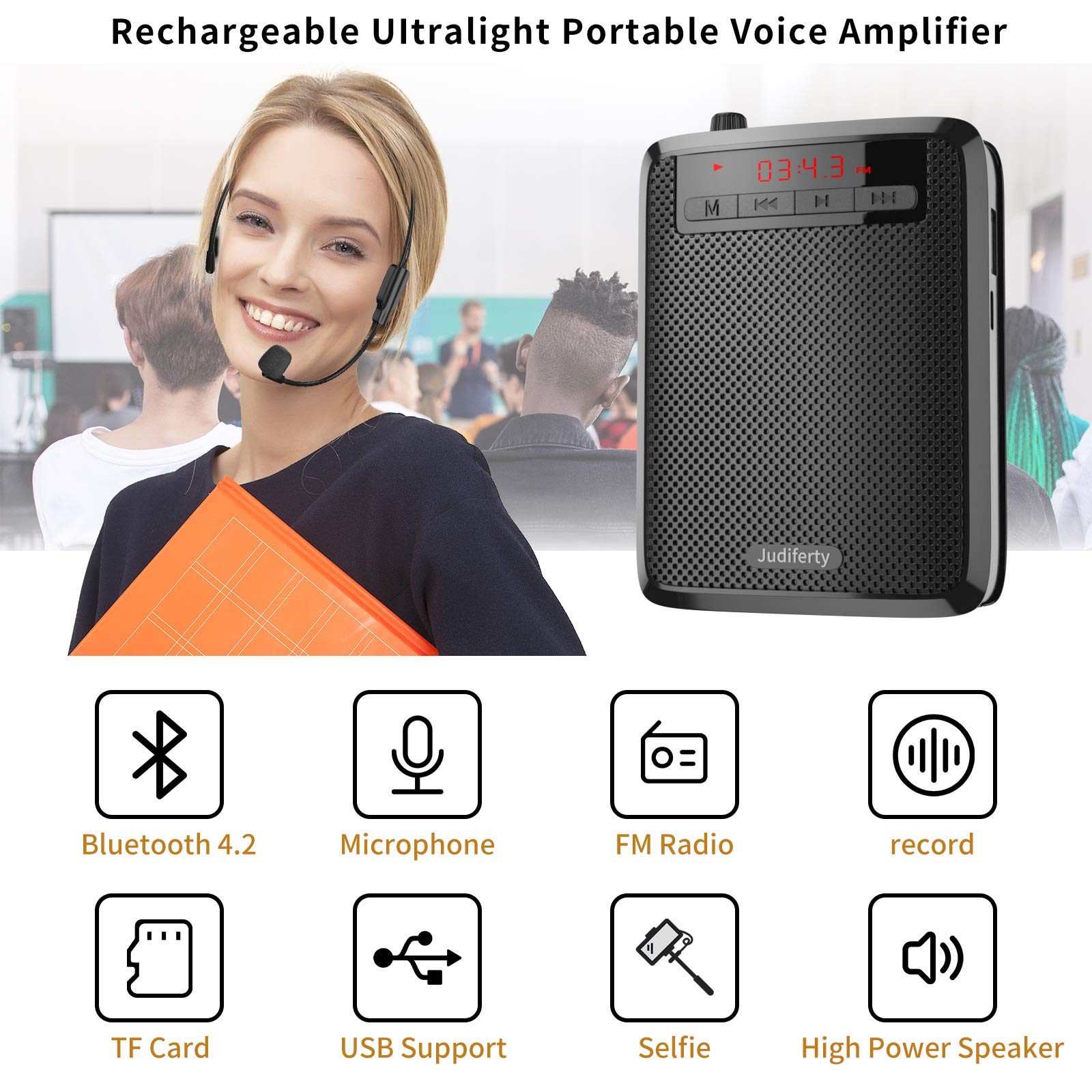 Portable Voice Amplifier with Bluetooth - Wireless Microphone Speaker for Teachers, Tour Guides & Meetings | Ideal for Classroom, Outdoor Events & Public Speaking