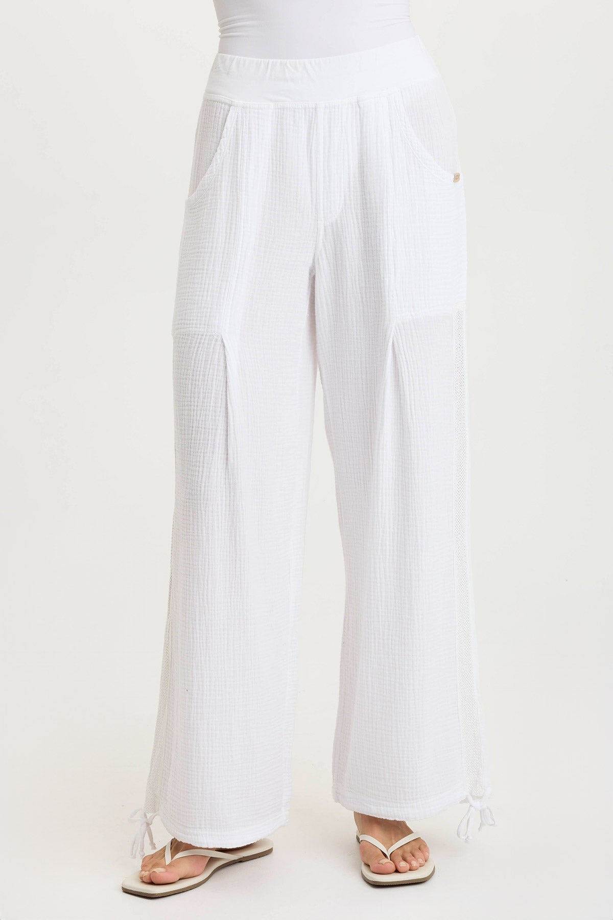 Lenka Gauze Cinched Wide Leg Pants - Women's Boho Linen Palazzo Trousers for Summer Beach & Casual Wear