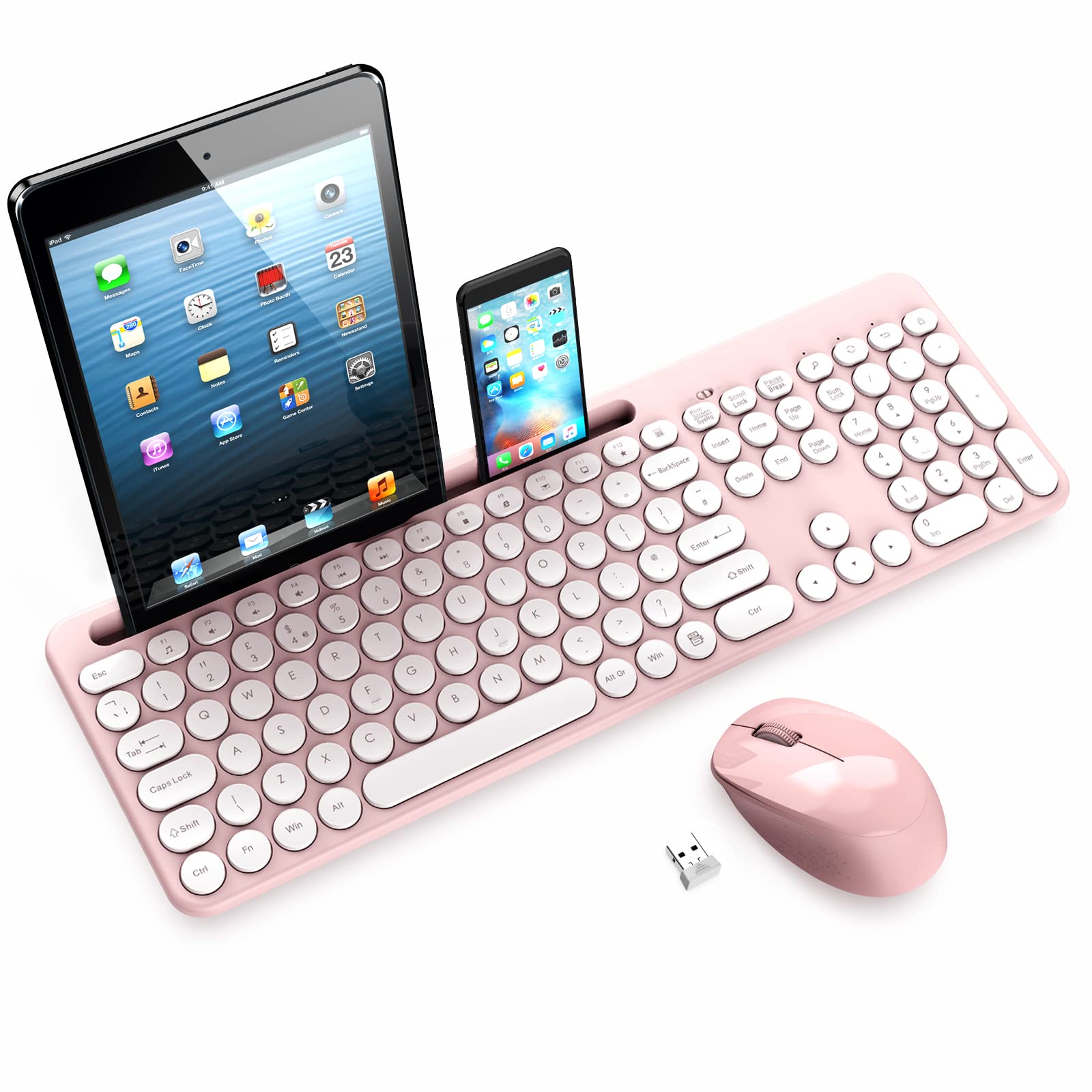 LeadsaiL Wireless Keyboard & Mouse Set with Holder - for Laptop, Tablet & Phone - Pink