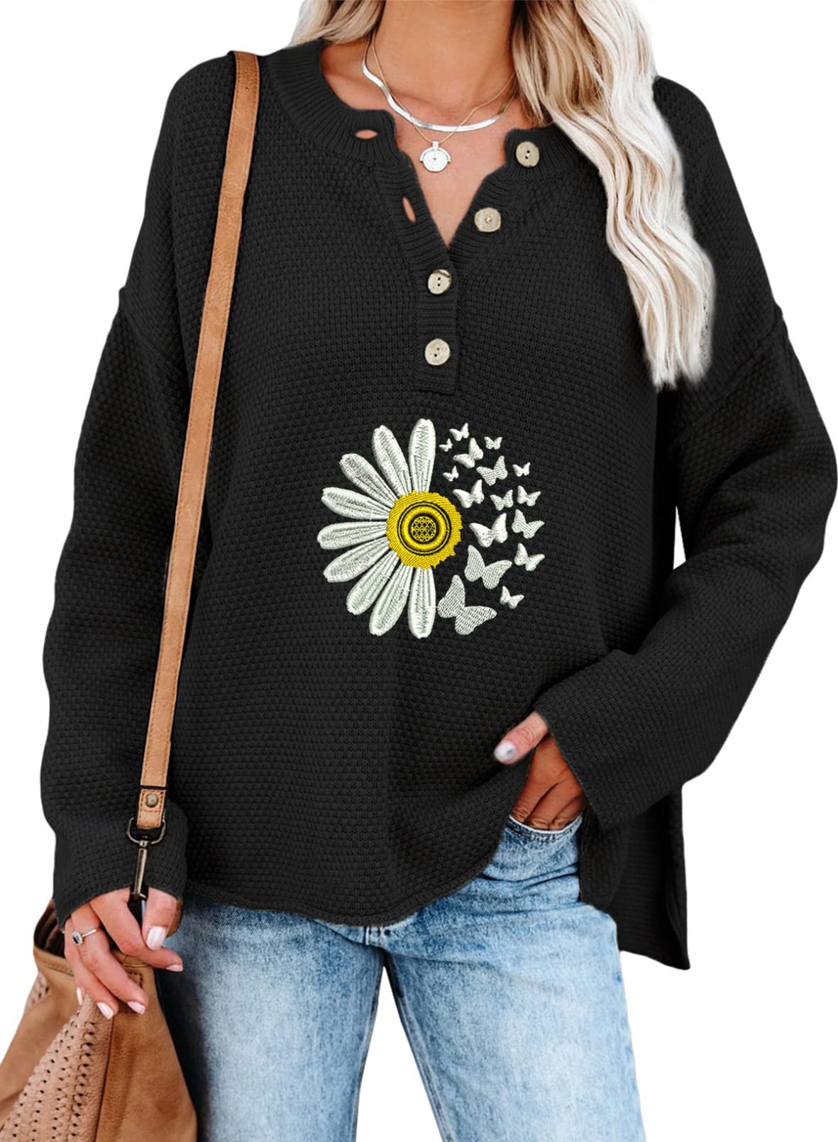 SHEWIN Women's Waffle Knit V-Neck Sweater Long Sleeve Button Henley Pullover Top - Casual Loungewear, Fall Winter Fashion, Office & Date Night Outfits