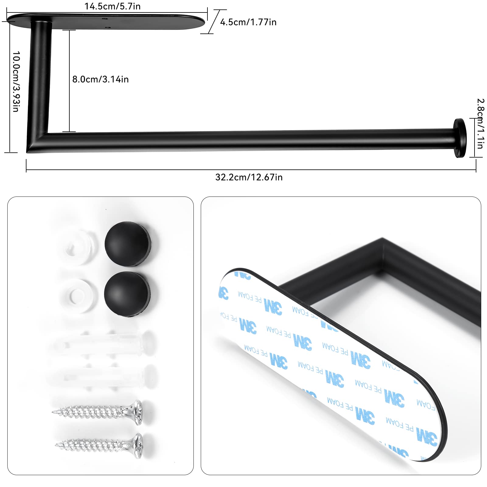Upgraded Under Cabinet Kitchen Roll Holder - 304 Stainless Steel Wall Mounted Toilet Paper Towel Holder with Self Adhesive or Drilling Installation for Kitchen, Bathroom, Pantry, RV - Perfect for Small Spaces & Organization (Black)