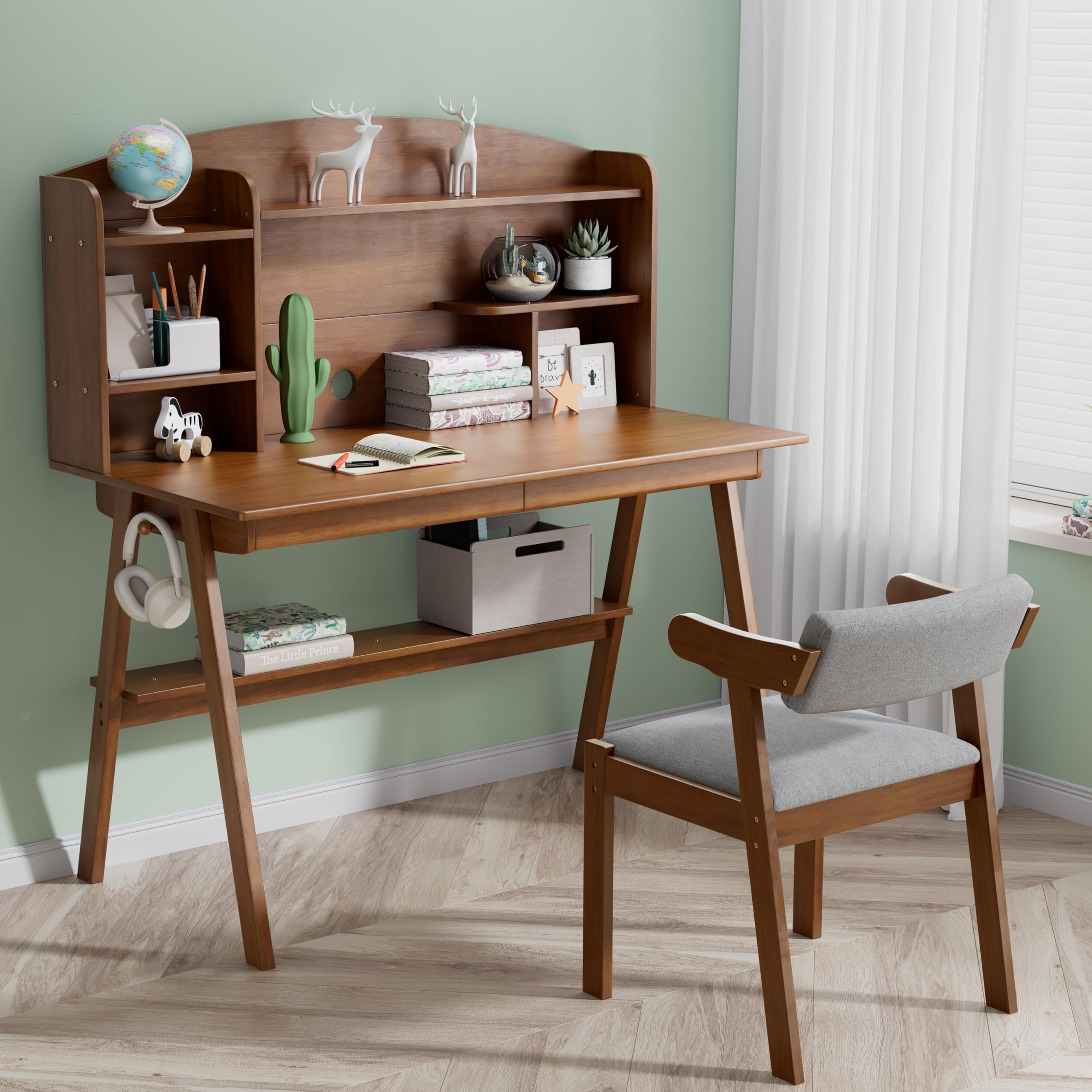 DELAVIN 39.37 Inch Solid Wood Kids Desk and Chair Set - Adjustable Study Computer Desk with Storage Drawers & Hutch - Children's Wooden Student Writing Art Table for Bedroom, Study Room, Home Schooling - Features Cable Management Hole in Walnut Finish - Perfect for Online Learning & Homework Station