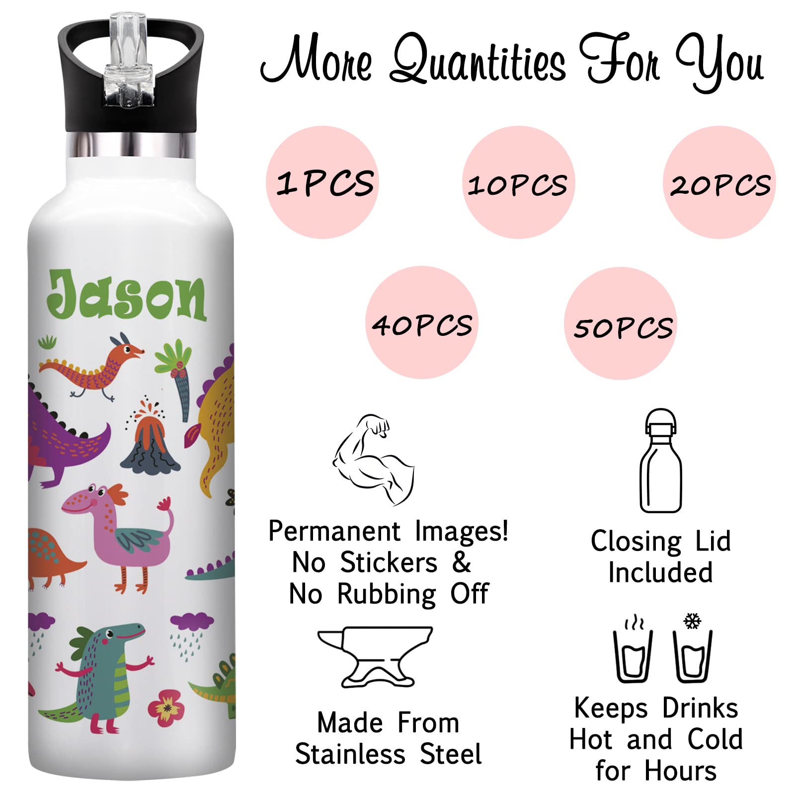Custom Insulated Water Bottles 10-Pack with Straw - Personalized Name & Text (26oz/12oz) - Bulk School Supplies, Sports, Gym & Outdoor Activities Hydration Essentials