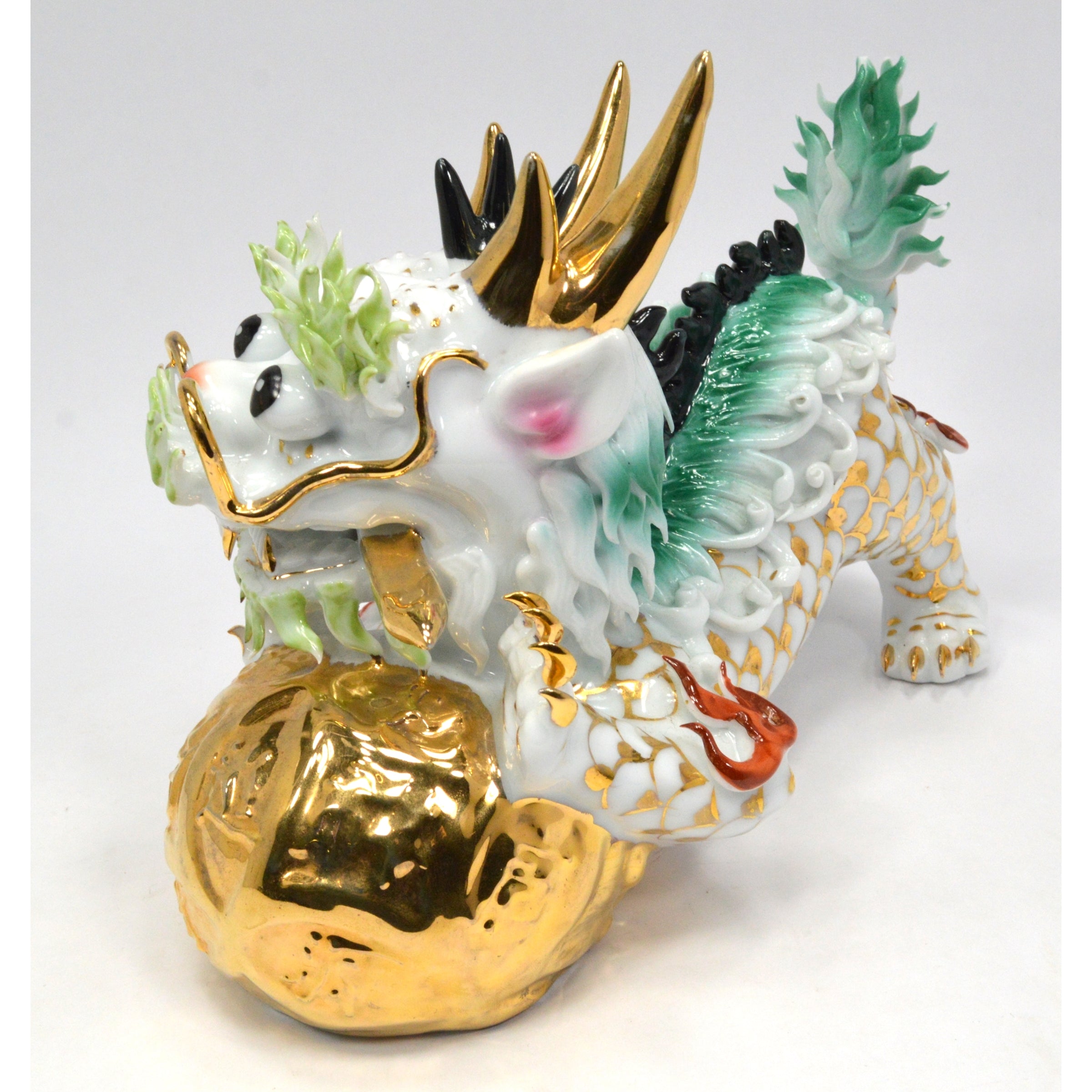 Imperial Chinese Fu Dog Foo Lion Porcelain Statue - Male Guardian Temple Figurine (Set of 2) for Home Decor, Feng Shui Protection & Asian Art Collection