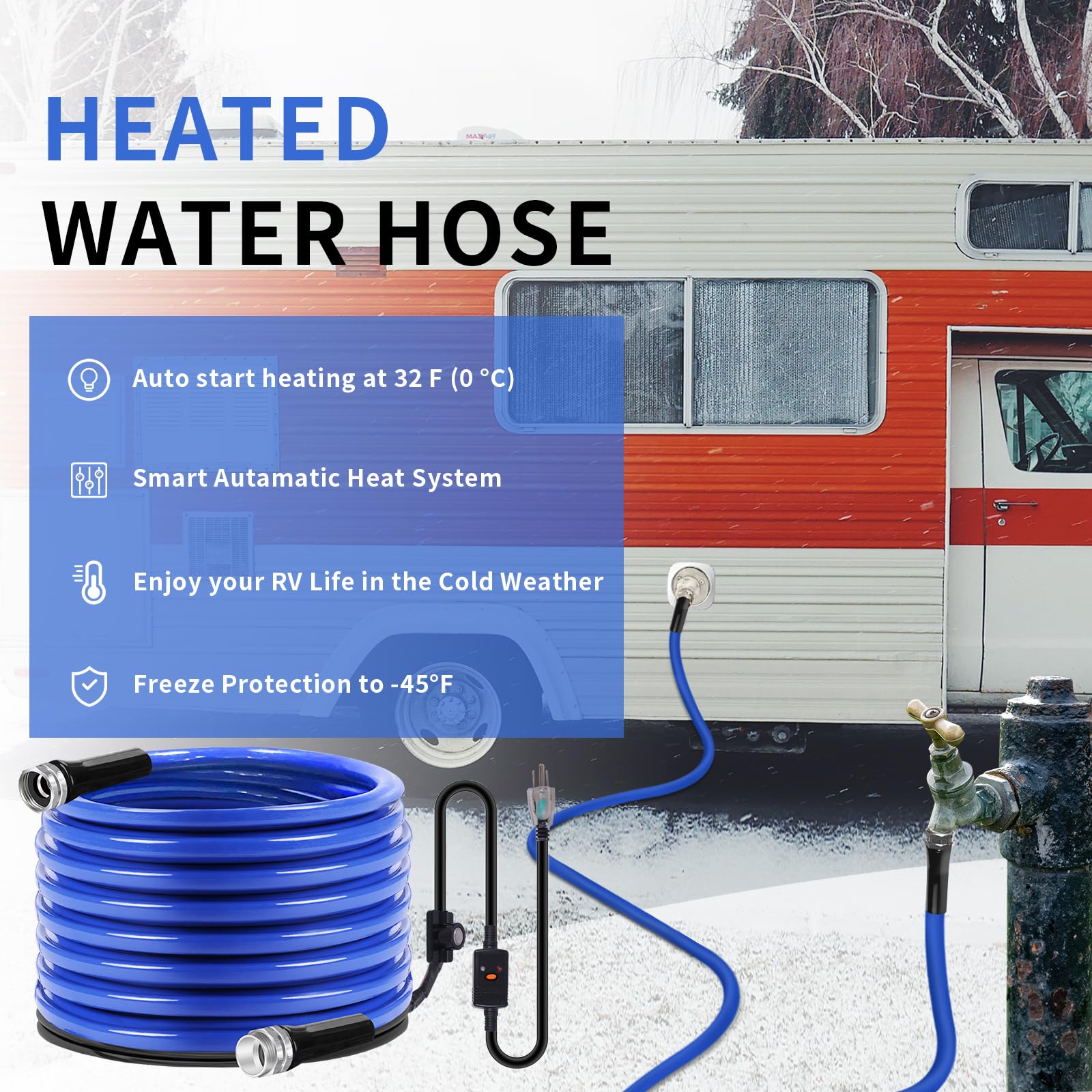 75FT Heated RV Water Hose with Thermostat - Freeze Proof Down to -45℉, Lead & BPA Free, 5/8
