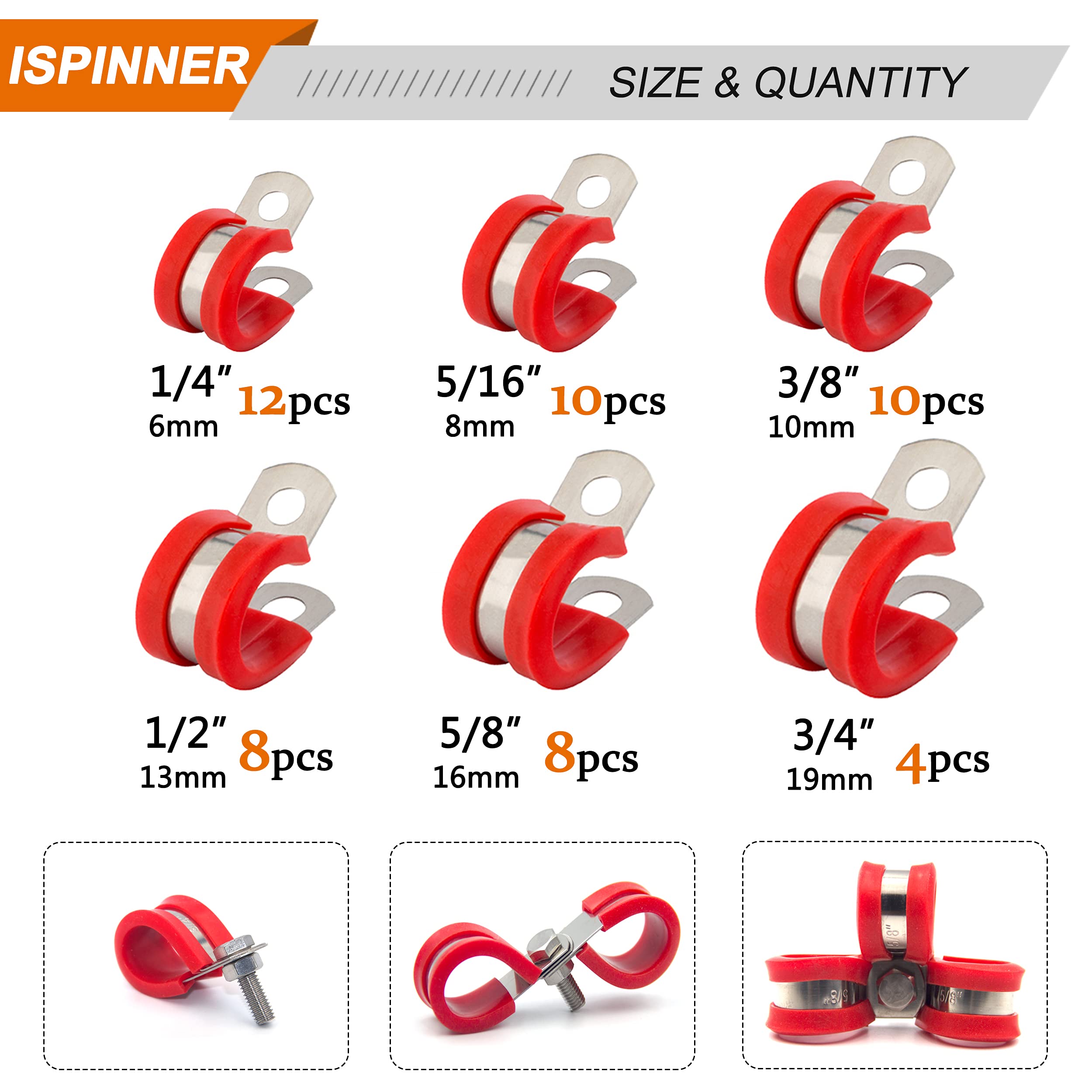ISPINNER 52pcs Stainless Steel Cable Clamps Kit - 304 Rustproof Pipe Clamps with Rubber Cushion in 6 Sizes (1/4