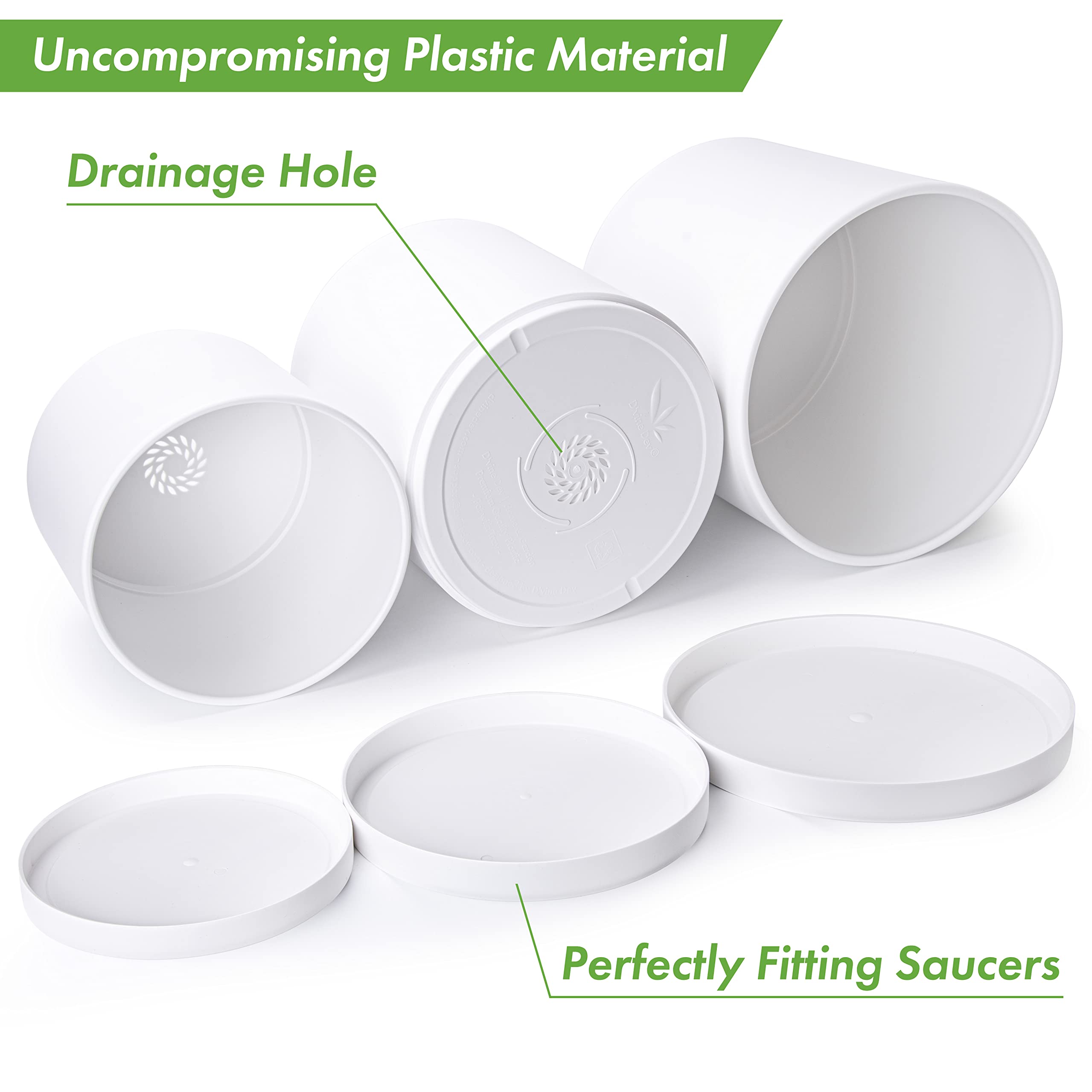 D'vine Dev Set of 3 Plastic Plant Pots - 8, 10 & 12 Inch White Planters with Drainage Holes & Saucers - Indoor/Outdoor Flower Pots for Home, Garden & Office Decor