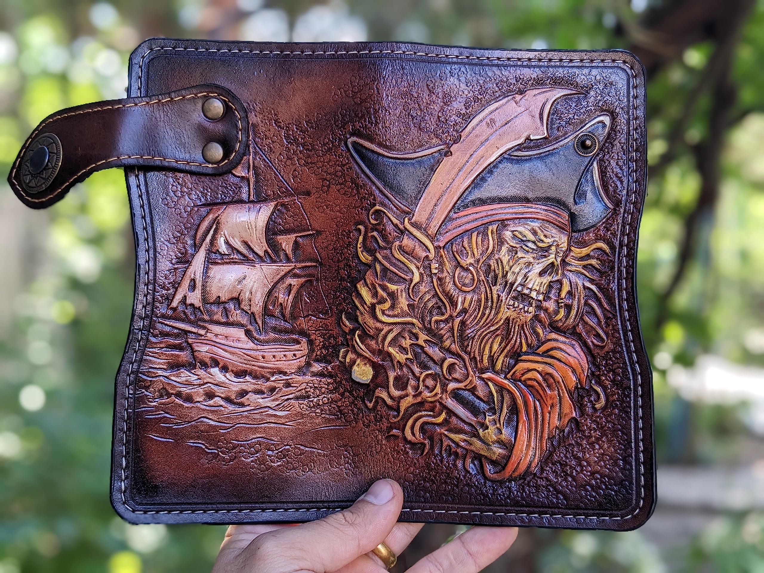 Handmade 3D Genuine Leather Zombie Pirate Ship Wallet for Men - Caribbean Themed Biker Wallet with Airbrush Art, Custom Carved Design, Personalized Long Wallet for Everyday Use & Gift Giving