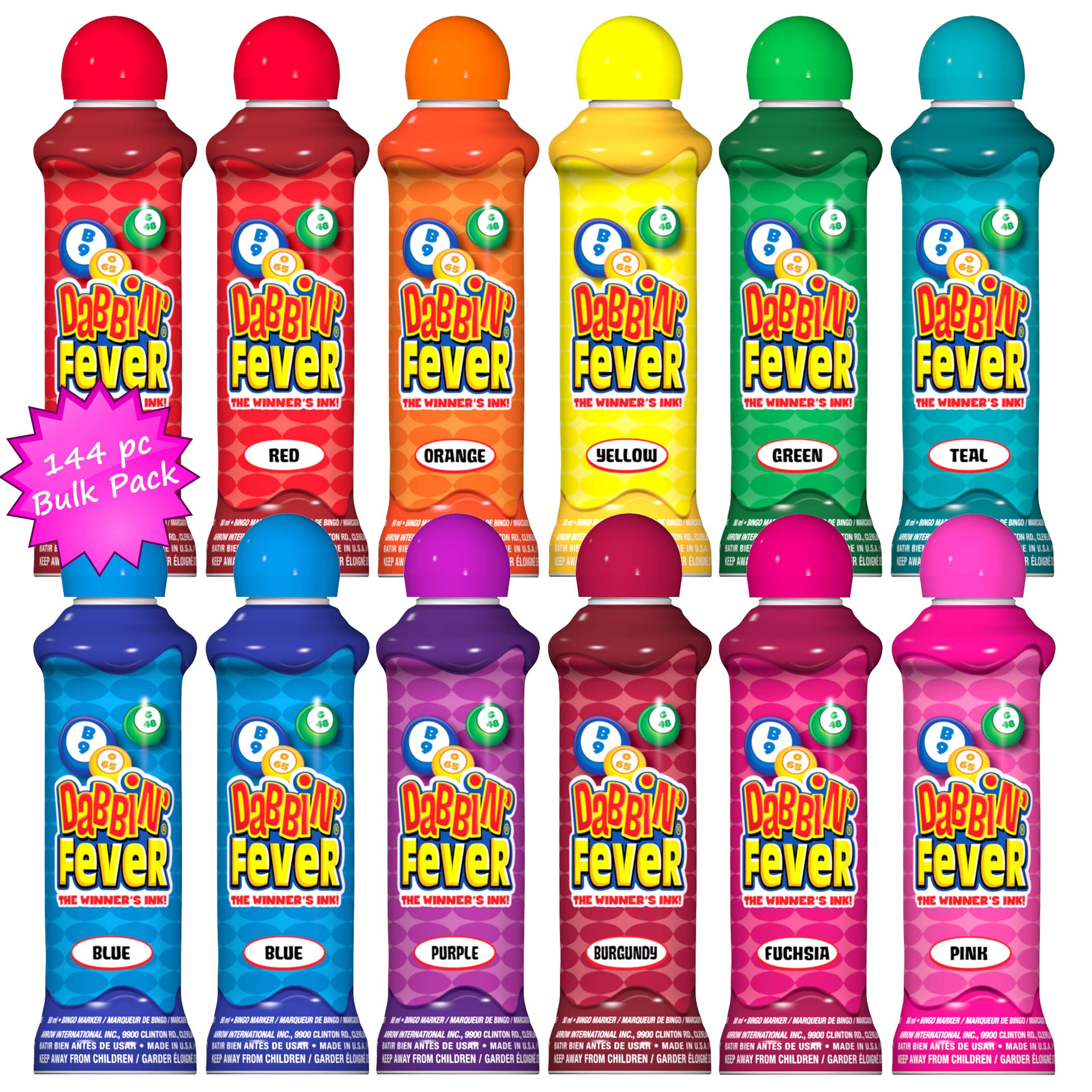 Dabbin' Fever Bingo Daubers Bulk Pack - 144 Assorted Color Bingo Markers (12 Dozen, 3oz Each) for Bingo Games, Fundraisers & Classroom Activities | 390468OLD