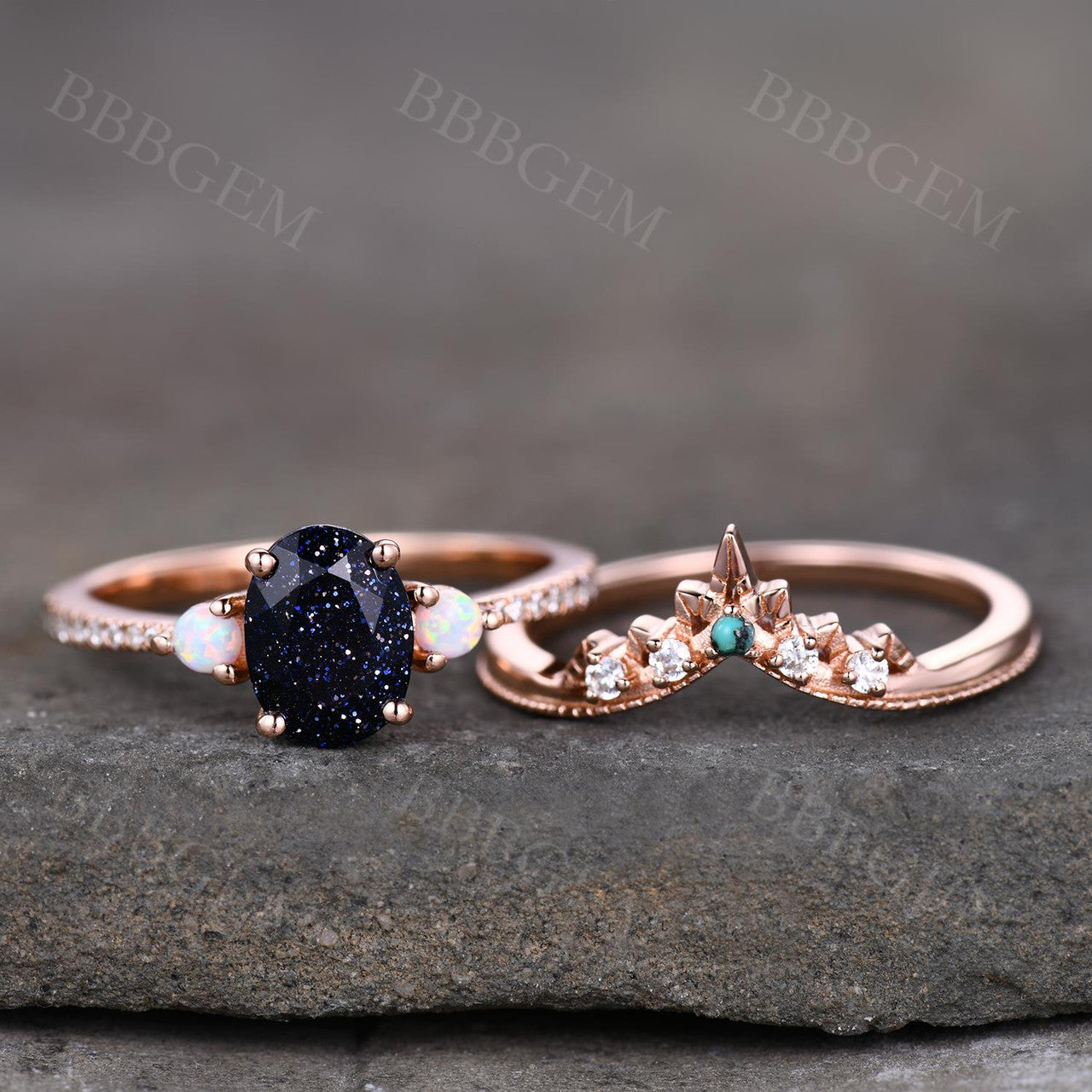 5x7mm Oval Cut Pink Gold Blue Sandstone Half Eternity Diamond Wedding Band Set - Curved Matching Bridal Rings for Engagement, Anniversary & Special Occasions