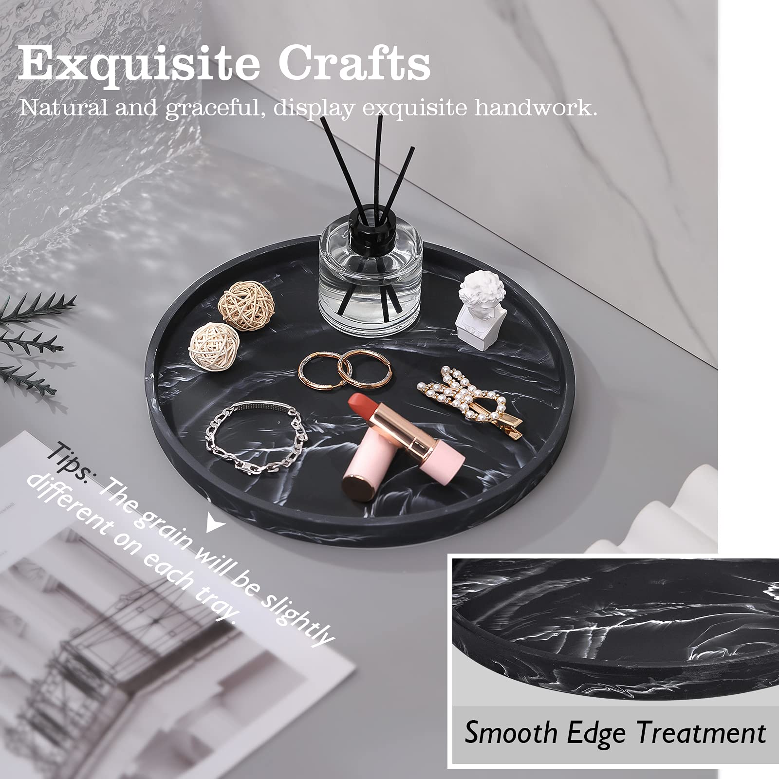 Resin Round Vanity Tray - Decorative Bathroom & Bedroom Storage Organizer for Jewelry, Cosmetics, Candles & Lotion Bottles | Matte Ink Black Countertop Tray for Toilet Tank, Dresser & Kitchen